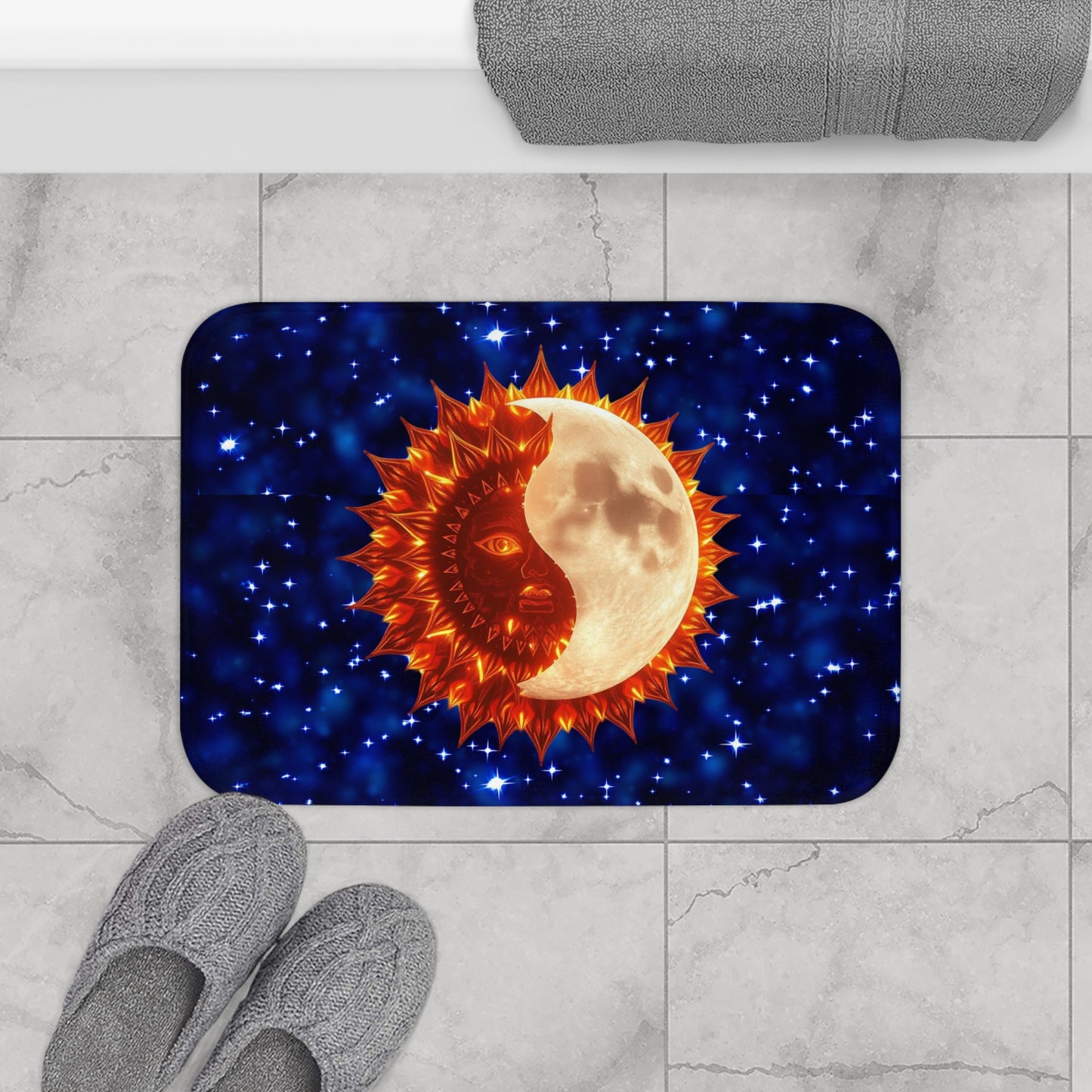 Sun and Moon Bathmat, Yin and Yang Bath Rug, Moon Bathroom mat, Sun Bathmat, Starry Bath Rug, Lover of Space Gift, Sun and Moon Lover Housewarming Gift, Bath Mat