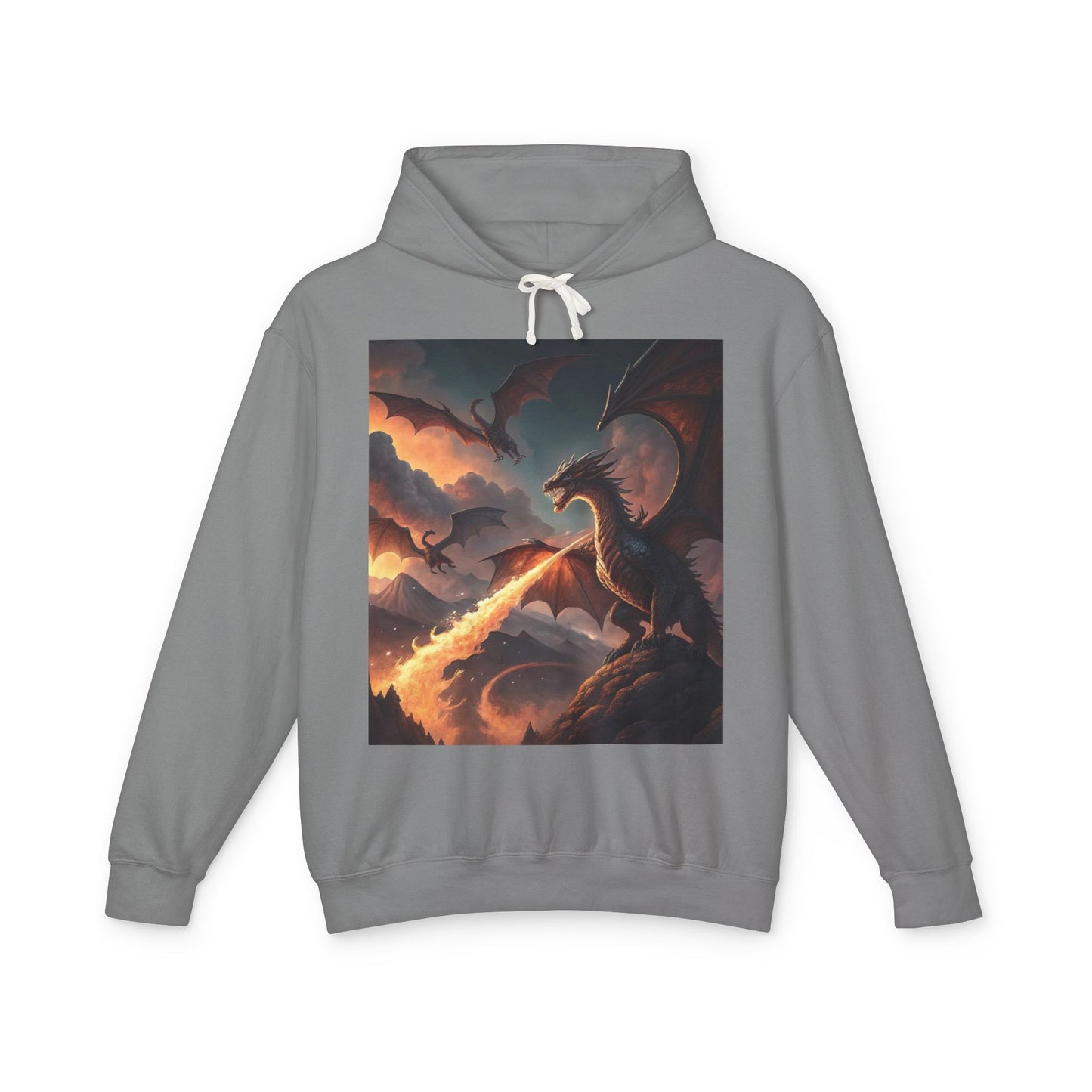 Dragon Graphic Hoodie, Fire-Breathing Dragon Pullover, Pocket-Free Dragon Hoodie, Fantasy-Inspired Hoodie, Mythical Creature Hooded Sweatshirt, Sleek Dragon Apparel.