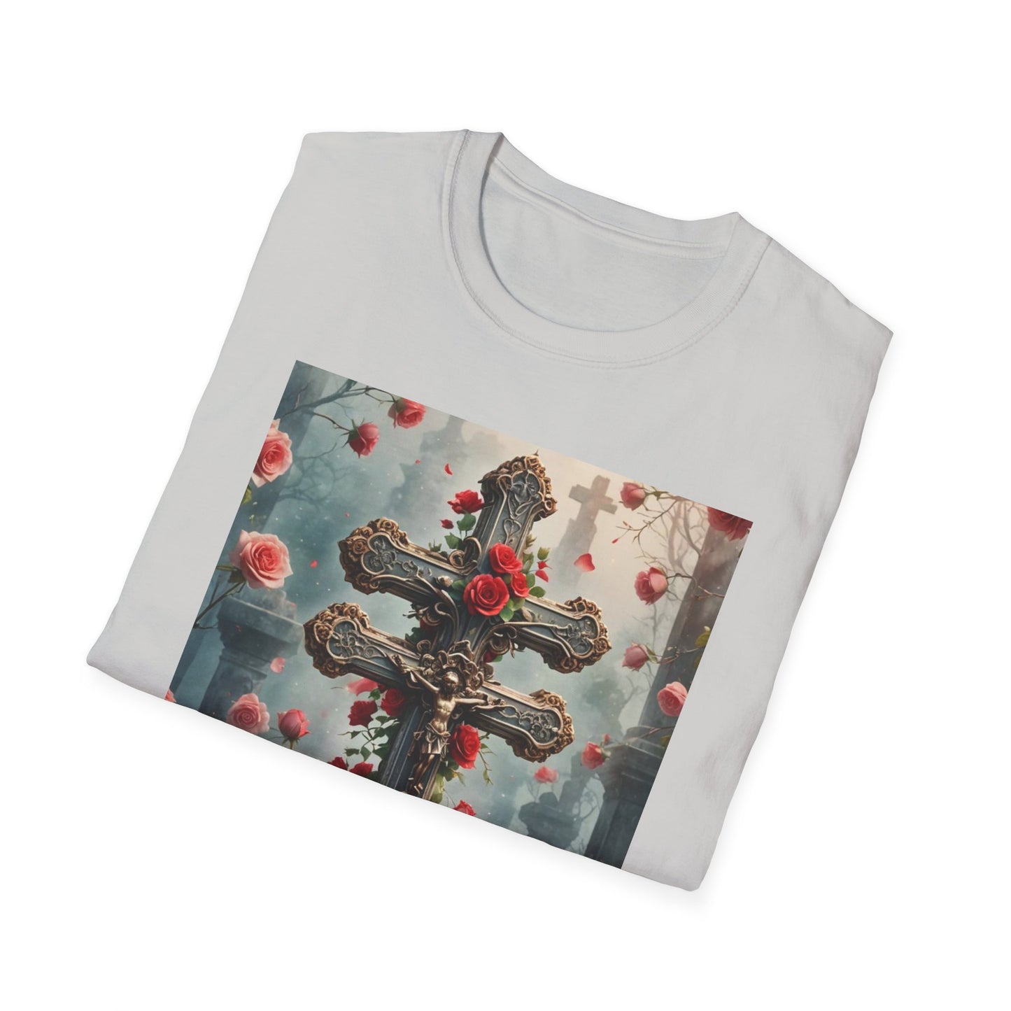 Cross and Roses T-Shirt, Jesus on the Cross Tee, Religious Graphic Tee, Faith-Inspired Apparel Christian Symbolism Shirt, Jesus and Cross Graphic Tee.