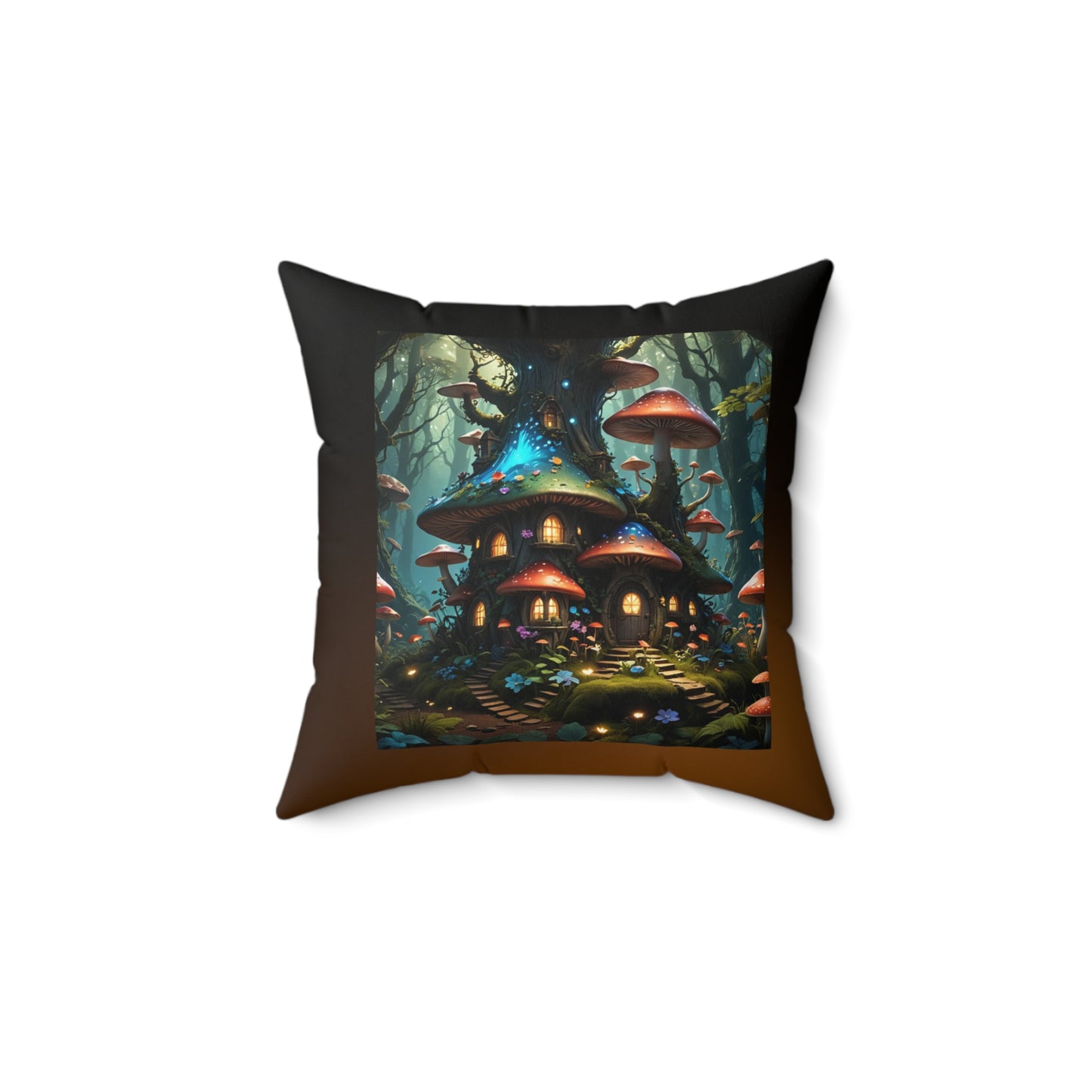 Mushroom Tree House Pillow, Fantasy-Themed Square Pillow, Nature-Inspired Pillow, Whimsical Home Decor, Spun Polyester Throw Pillow; Mushroom house Spun Polyester Square Pillow