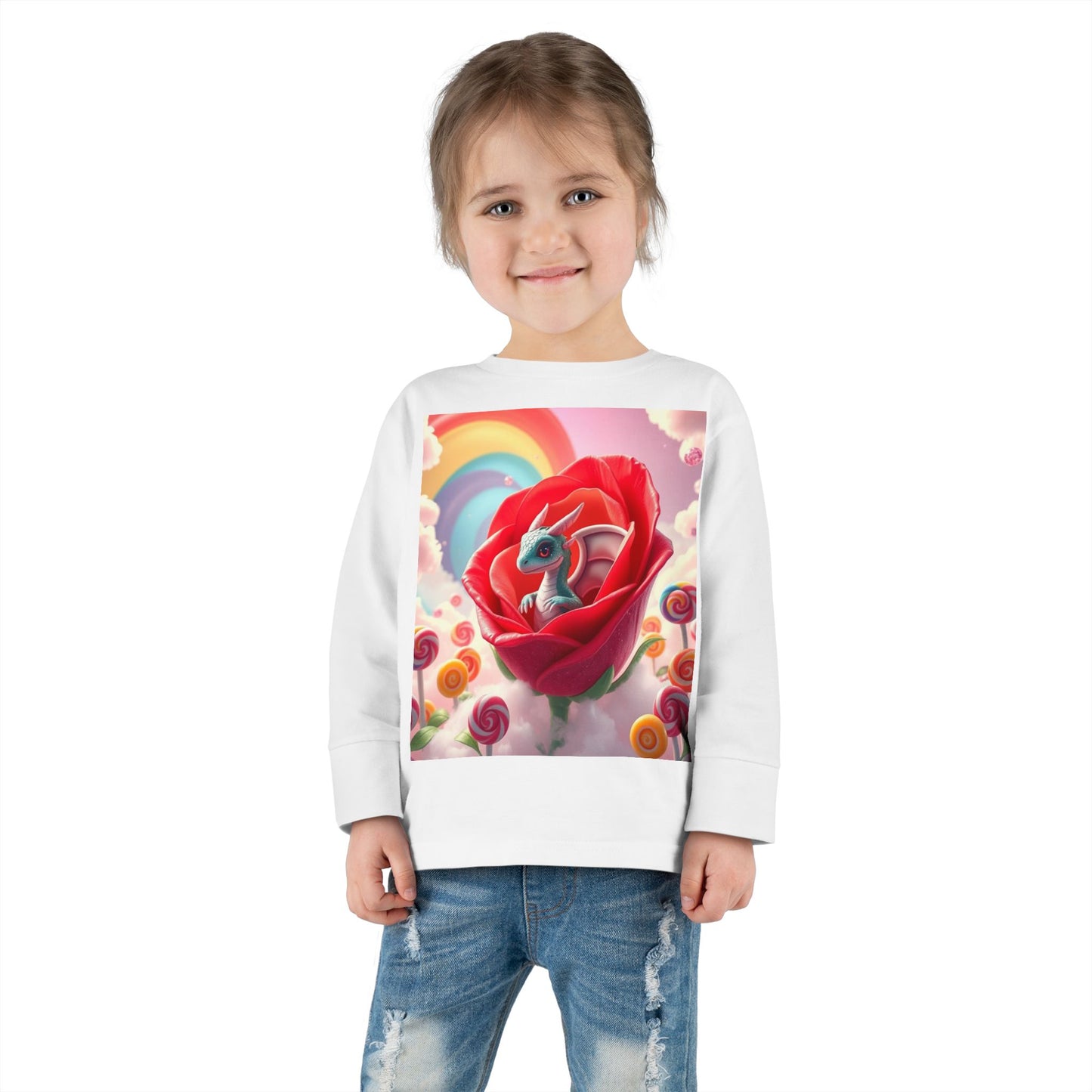 Toddler dragon tee, Toddler long-sleeved shirt, Soft and comfy tee, Mythical creature shirt, for kids Fantasy-themed toddler wear, Dragon and rose design, Toddler Long Sleeve Tee