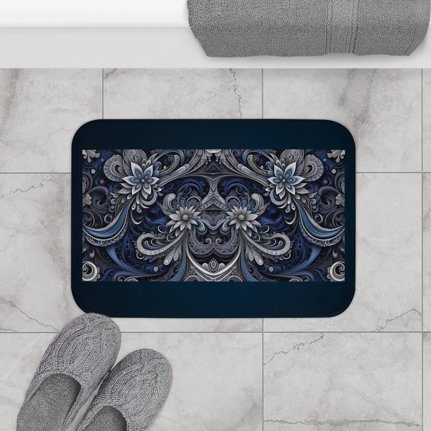 Paisley Bathmat, Blue and White Floral Bathmat, Elegant Bathroom Decor, Paisley Floral Bathroom Rug, Sophisticated Bathroom mat, Paisley Print Home Decor.