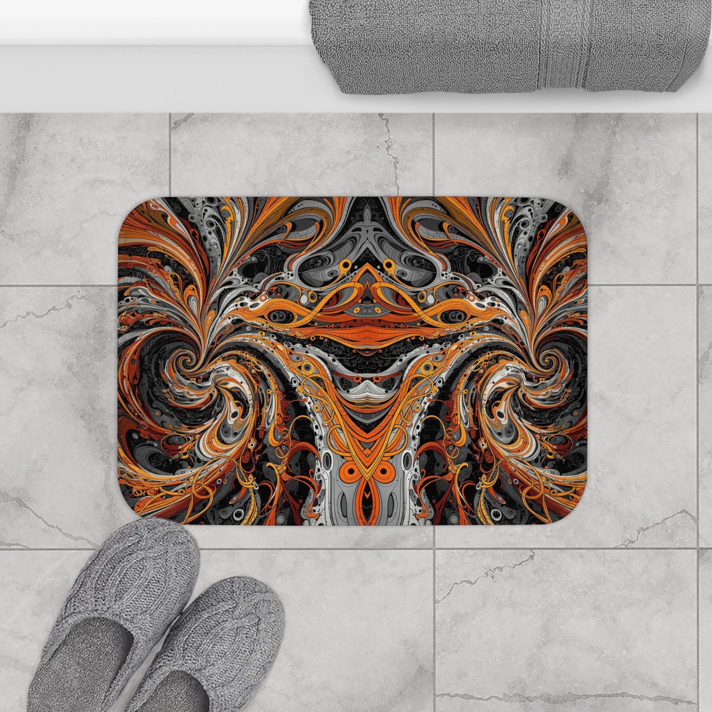 Bathmat, Orange gray black bathmat, Modern bathmat, Trendy bathroom mat, Bathroom orange paisley pattern, Housewarming bathmat Gift.