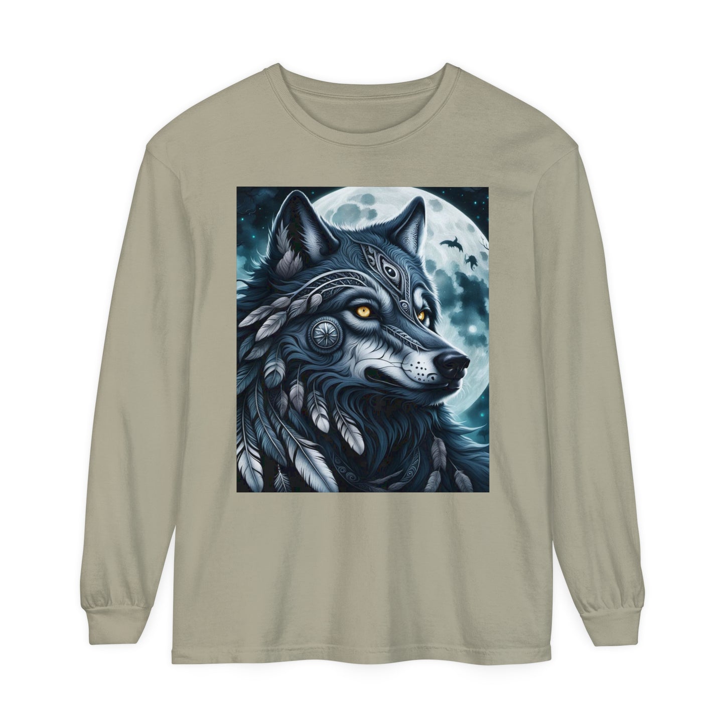 Long-Sleeved Tee Spirit Wolf Shirt, Indian Wolf Design Tribal Headdress Tee, Black and White Apparel, Casual Long Sleeve Wolf Top, Artistic Wolf Design.