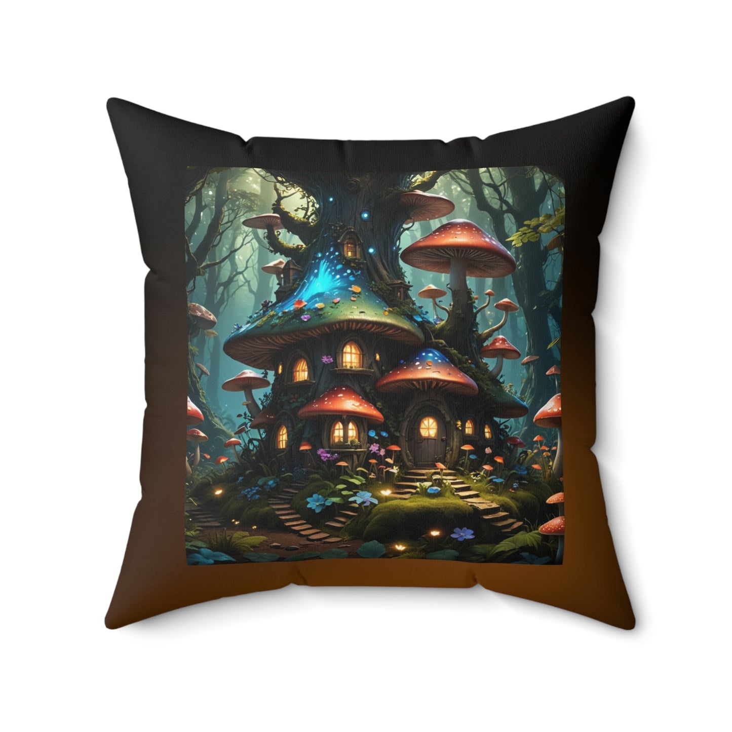 Mushroom Tree House Pillow, Fantasy-Themed Square Pillow, Nature-Inspired Pillow, Whimsical Home Decor, Spun Polyester Throw Pillow; Mushroom house Spun Polyester Square Pillow