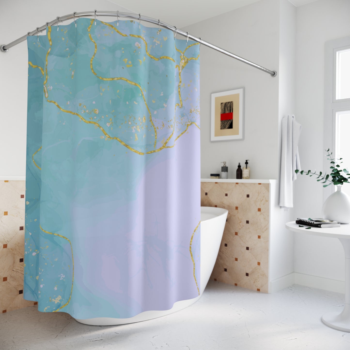 Turquoise&Pink Gold Marble Shower Curtain, Glamorous Bathroom Decor Curtain, Elegant Marble Design Bath Curtain, Vibrant Bathroom Accessor,y Modern Turquoise and Pink Curtain.