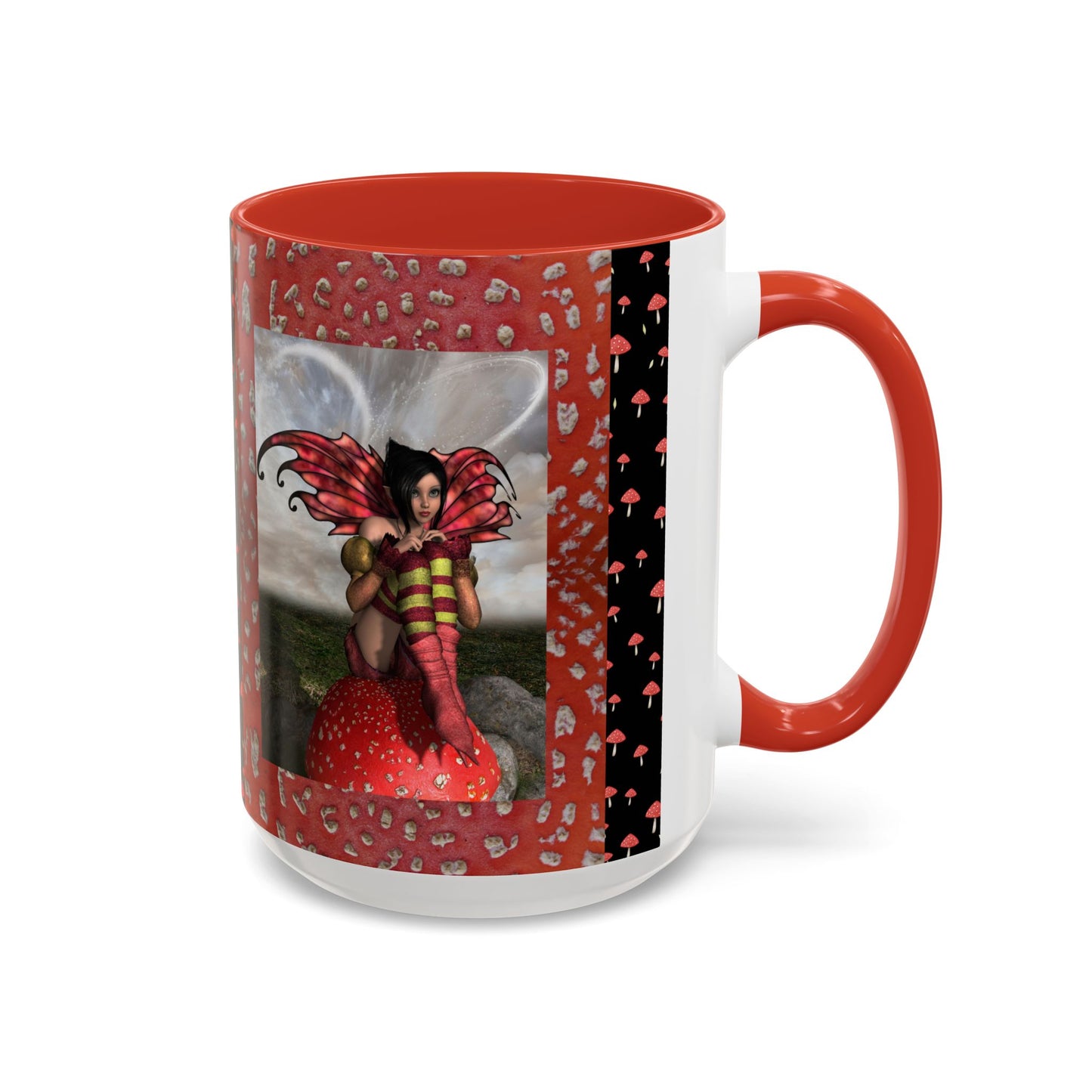 Fairy Coffee Mug, Red Mushroom Fairy Cup, Whimsical Ceramic Mug, Black and Red Mushroom Mug, Nature-Inspired Drinkware, Magical Fairy Tale Coffee Cup, (11, 15oz)