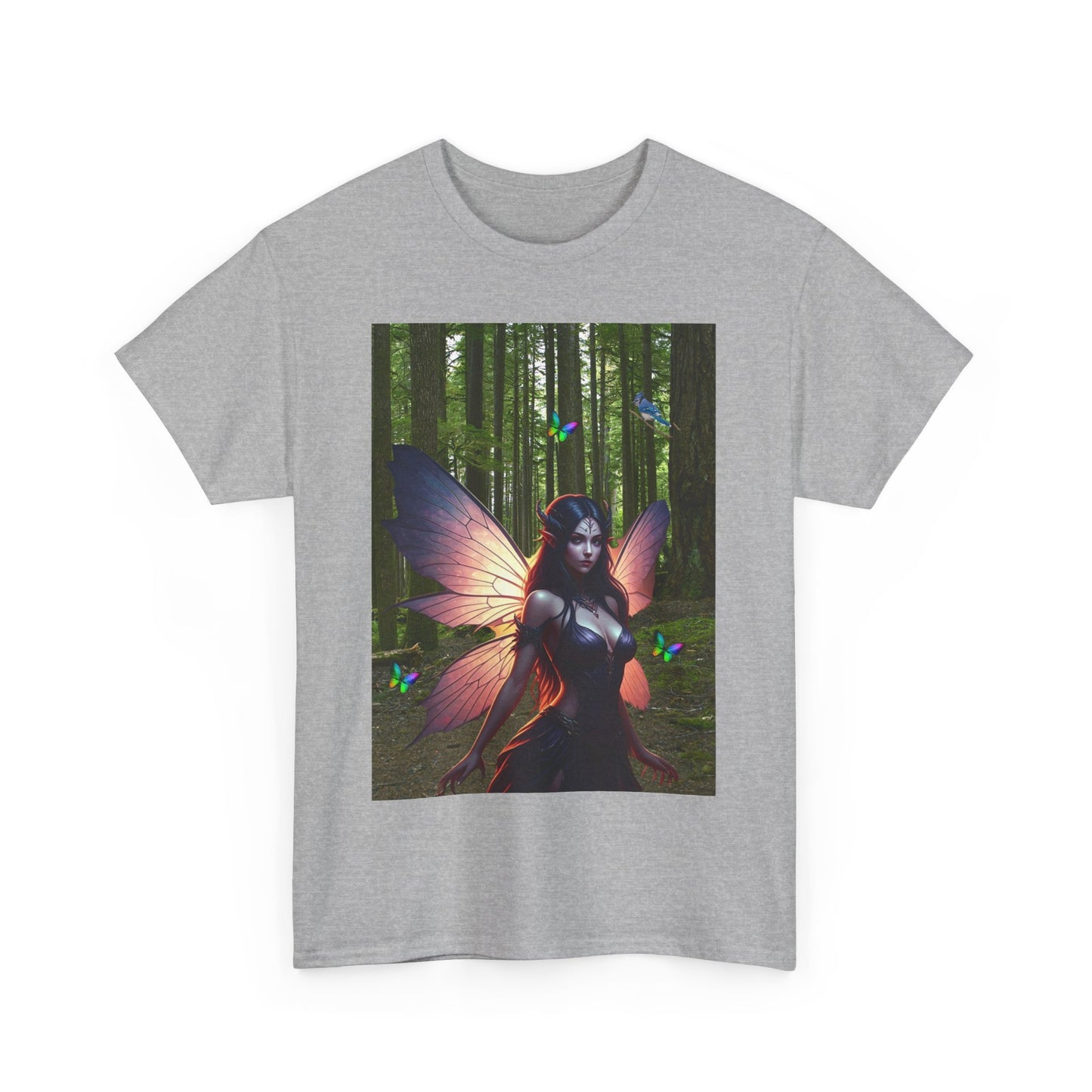 Fairy in the Woods Tee, Unisex Fantasy Tee, Rainbow Butterflies Shirt, Unisex Heavy Cotton Tee, Fairy gift Idea for her, Enchanted Tee.