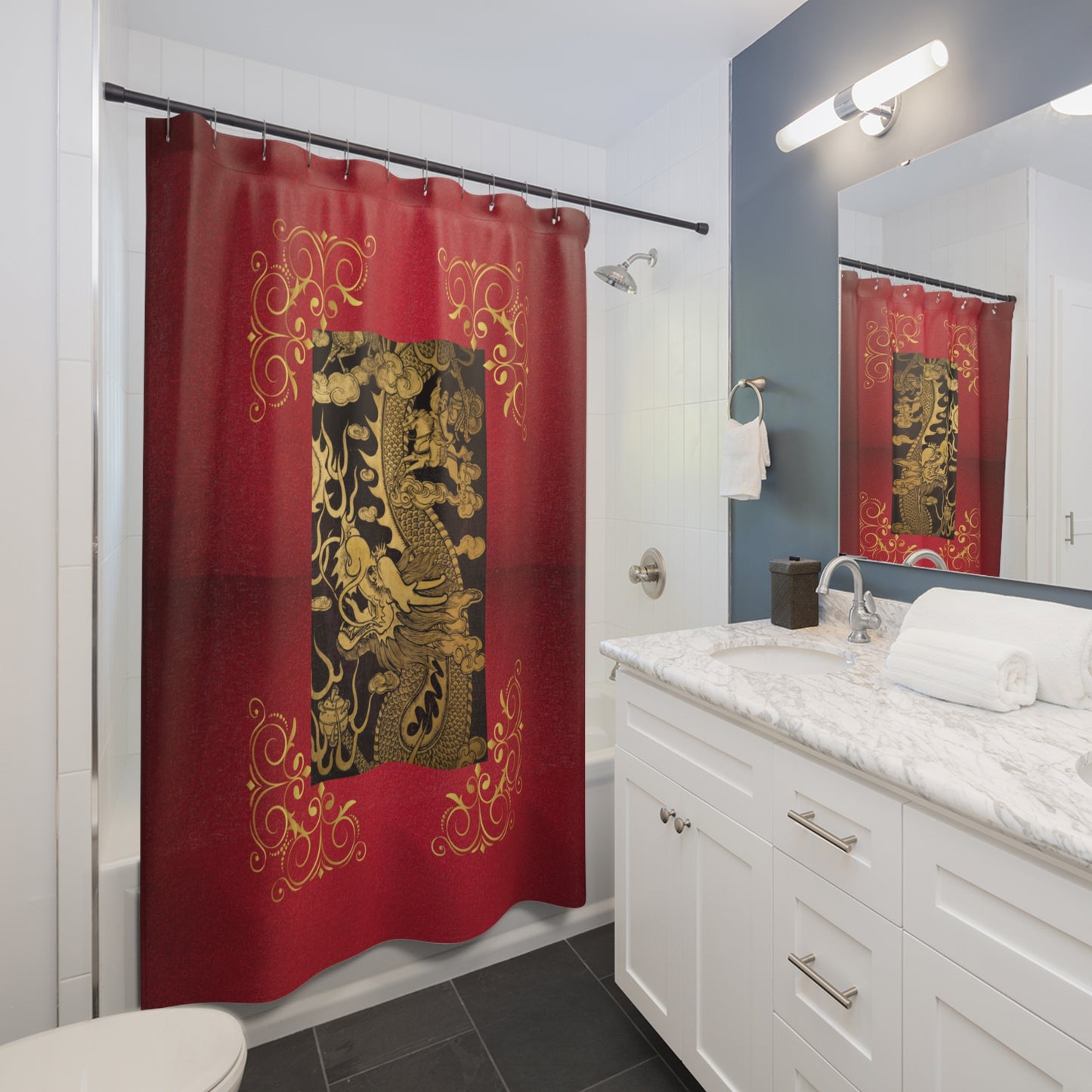 Chinese Dragon Shower Curtain, Red and Gold Bathroom, Curtain Dragon-Themed Shower Curtain, Elegant Chinese Dragon Curtain, Chinese Culture Bathroom Decor.