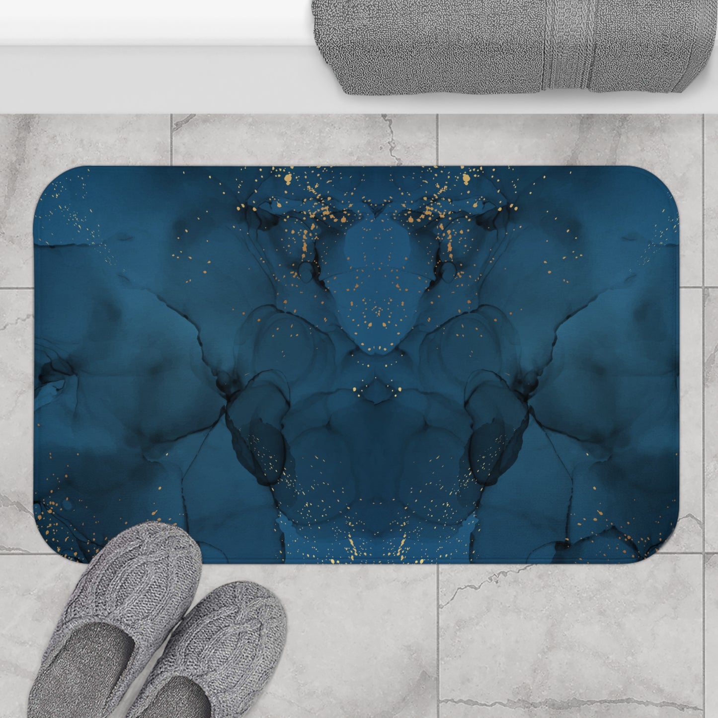 Blueish Green Gold Splatter Bathmat, Artistic Metallic Bathroom Rug, Elegant Blue Green Bath Rug, Contemporary Bathroom Decor Mat, Artistic Metallic Accent Floor Rug.