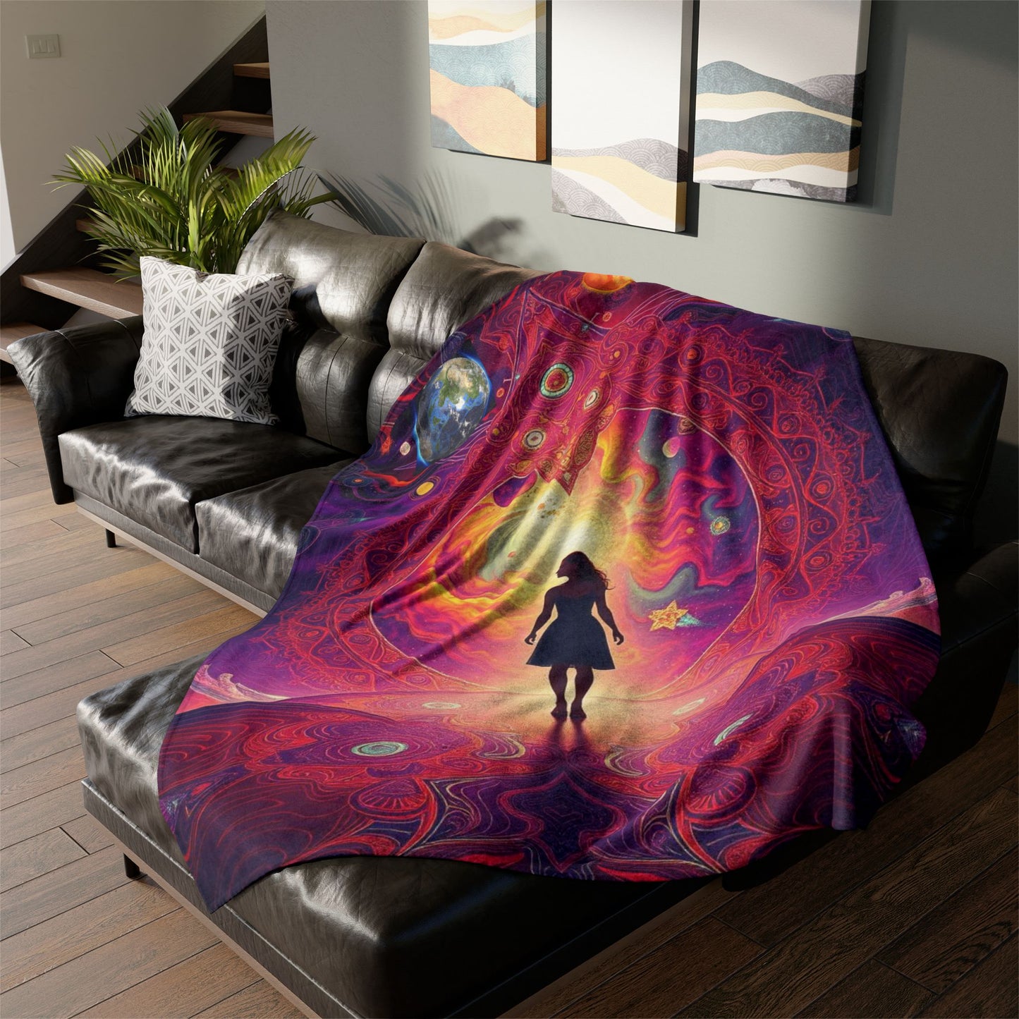 Galaxy-themed blanket, Mystical altar design, Woman in space Spiritual deco,Soft Polyester Blanketr Cosmic, scene Celestial Blanket, sunrise Universe and stars Blanket, Sun rising in galaxy.