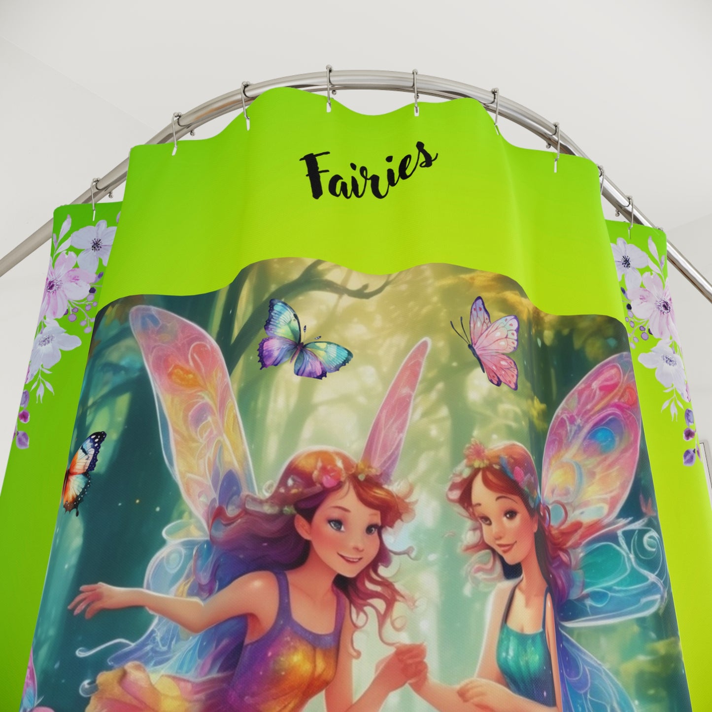 Child Fairies Shower Curtain, Fairy-Themed Bathroom Decor, Lime Green Shower Curtain, Kids Fairy Bathroom Accessories, Magical Shower Curtain