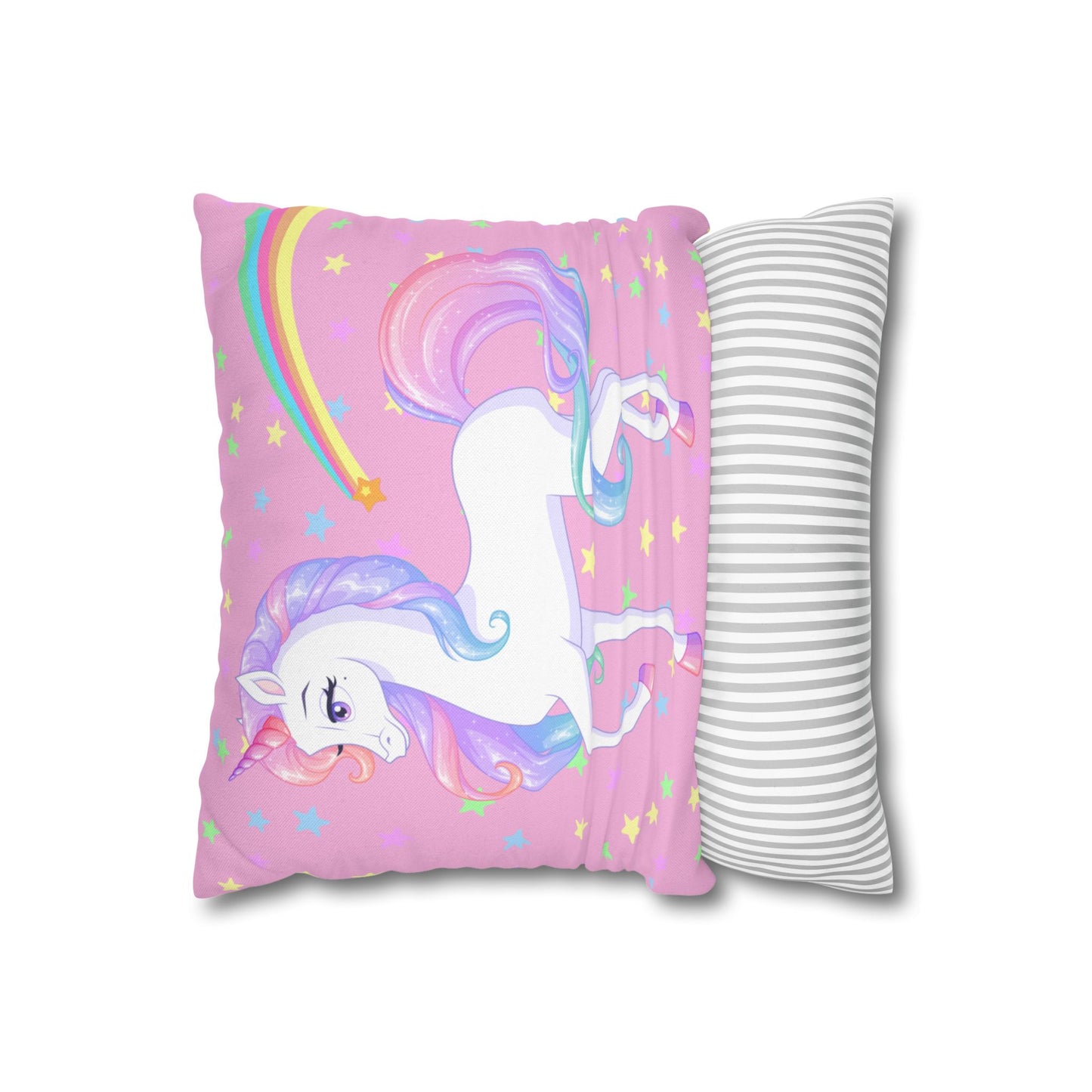 Pink Unicorn Square Pillowcase, Rainbow and Stars Pillow Cover, Magical Unicorn Bedroom Accent, Girls' Room Decorative Pillowcase.