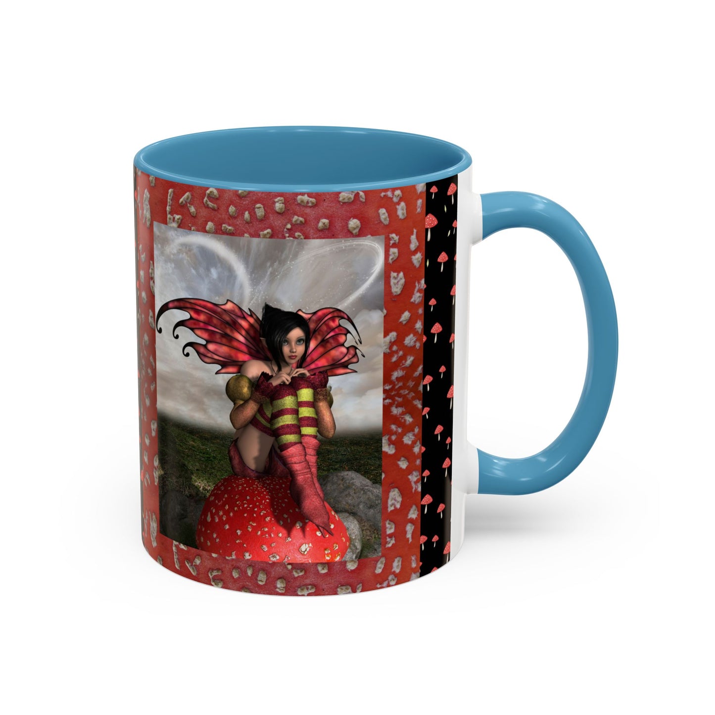 Fairy Coffee Mug, Red Mushroom Fairy Cup, Whimsical Ceramic Mug, Black and Red Mushroom Mug, Nature-Inspired Drinkware, Magical Fairy Tale Coffee Cup, (11, 15oz)