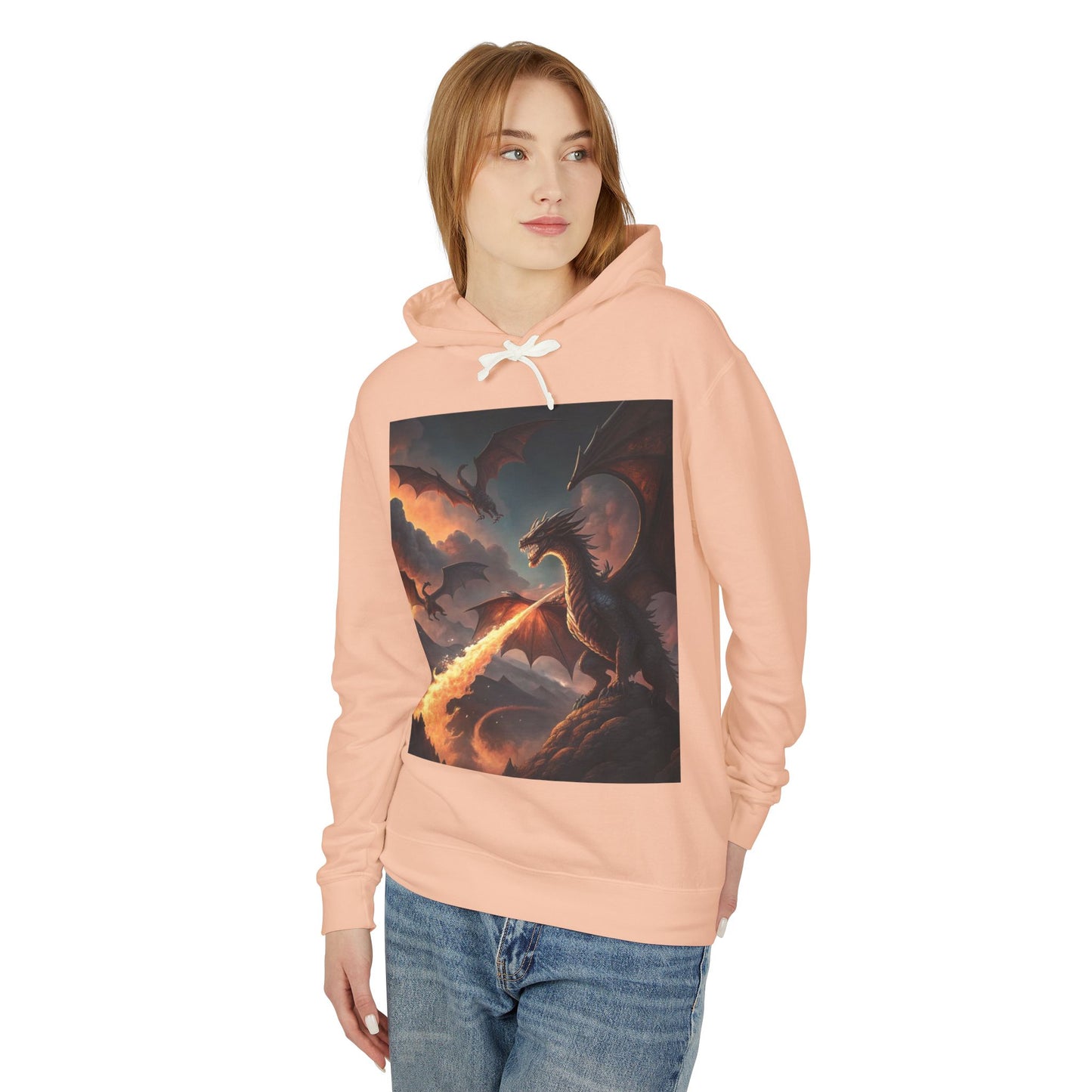 Dragon Graphic Hoodie, Fire-Breathing Dragon Pullover, Pocket-Free Dragon Hoodie, Fantasy-Inspired Hoodie, Mythical Creature Hooded Sweatshirt, Sleek Dragon Apparel.