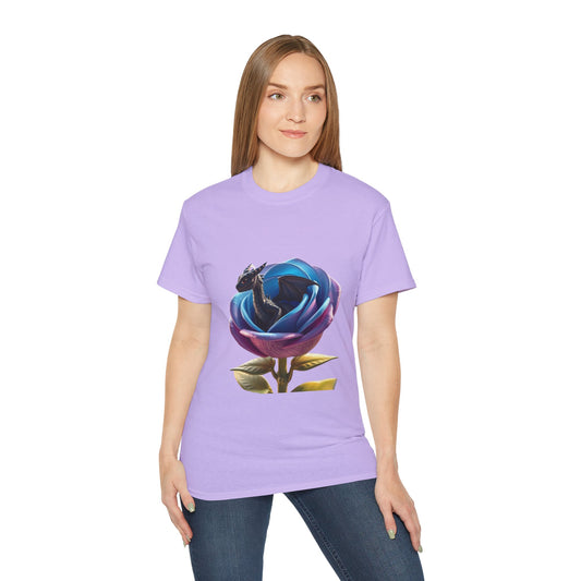 Baby Dragon T-Shirt, Colorful Rose and Dragon Tee, Fantasy Graphic Tee Black Dragon Emerging Design Shirt, Vibrant Rose and Dragon Shirt.