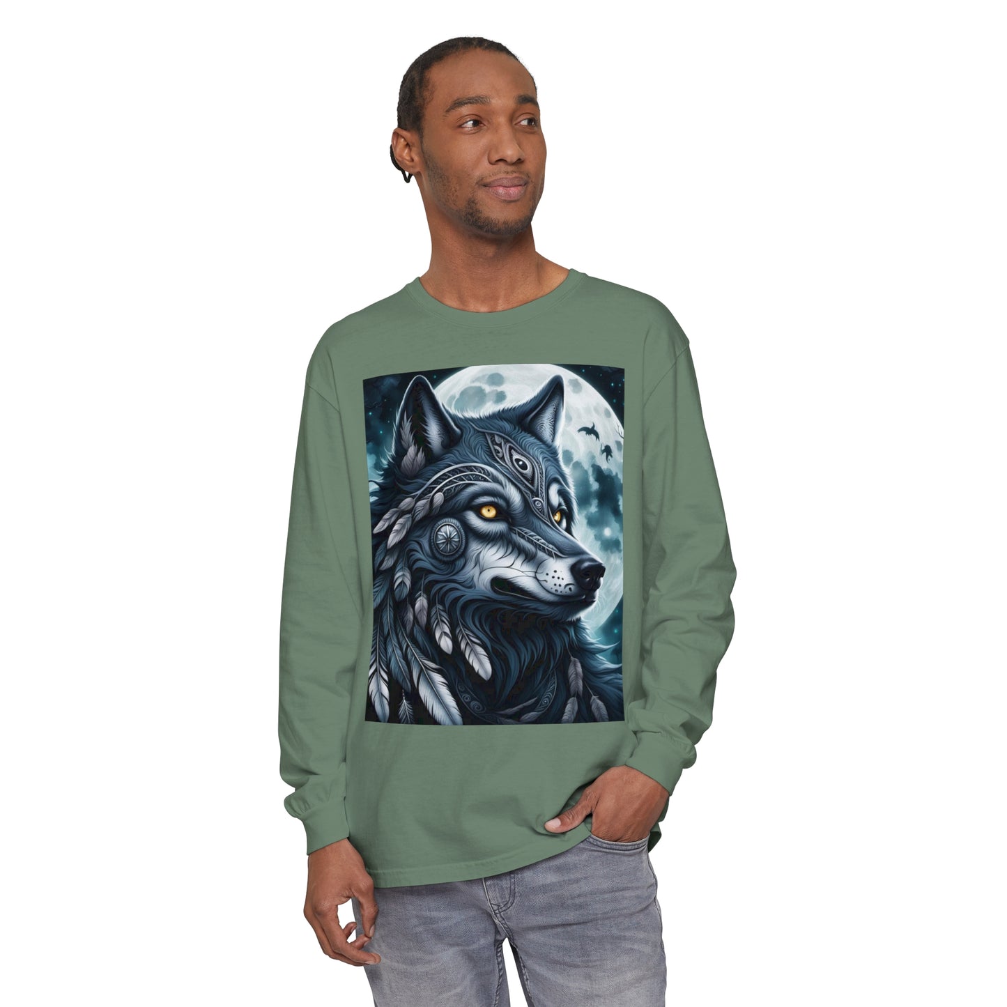 Long-Sleeved Tee Spirit Wolf Shirt, Indian Wolf Design Tribal Headdress Tee, Black and White Apparel, Casual Long Sleeve Wolf Top, Artistic Wolf Design.