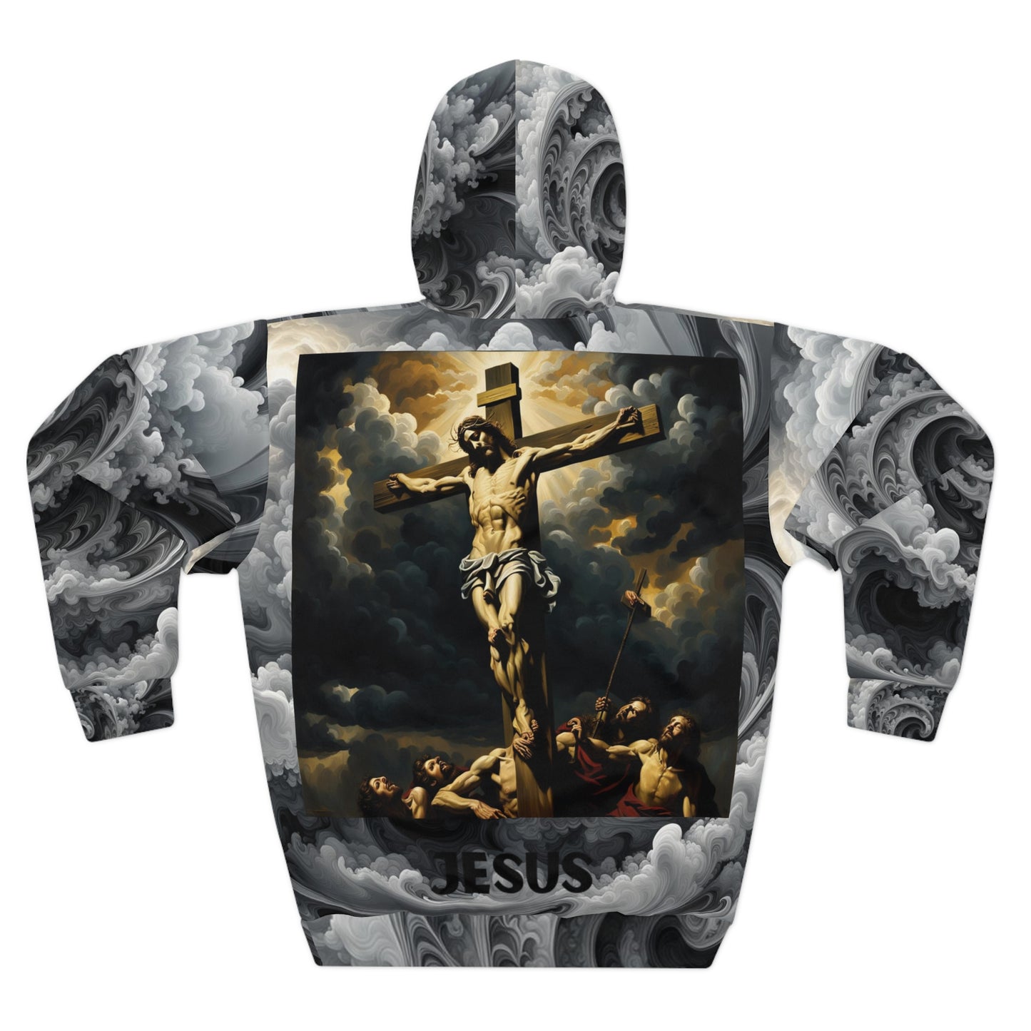 #JesusOnTheCrossHoodie #FaithInspiredFashion #ReligiousApparel #SpiritualClothing #ChristianWear #JesusAndClouds #AlloverPrintHoodie #CrucifixionArt #DivineApparel #GrayAndWhiteHoodie, Pullover Hoodie (AOP)