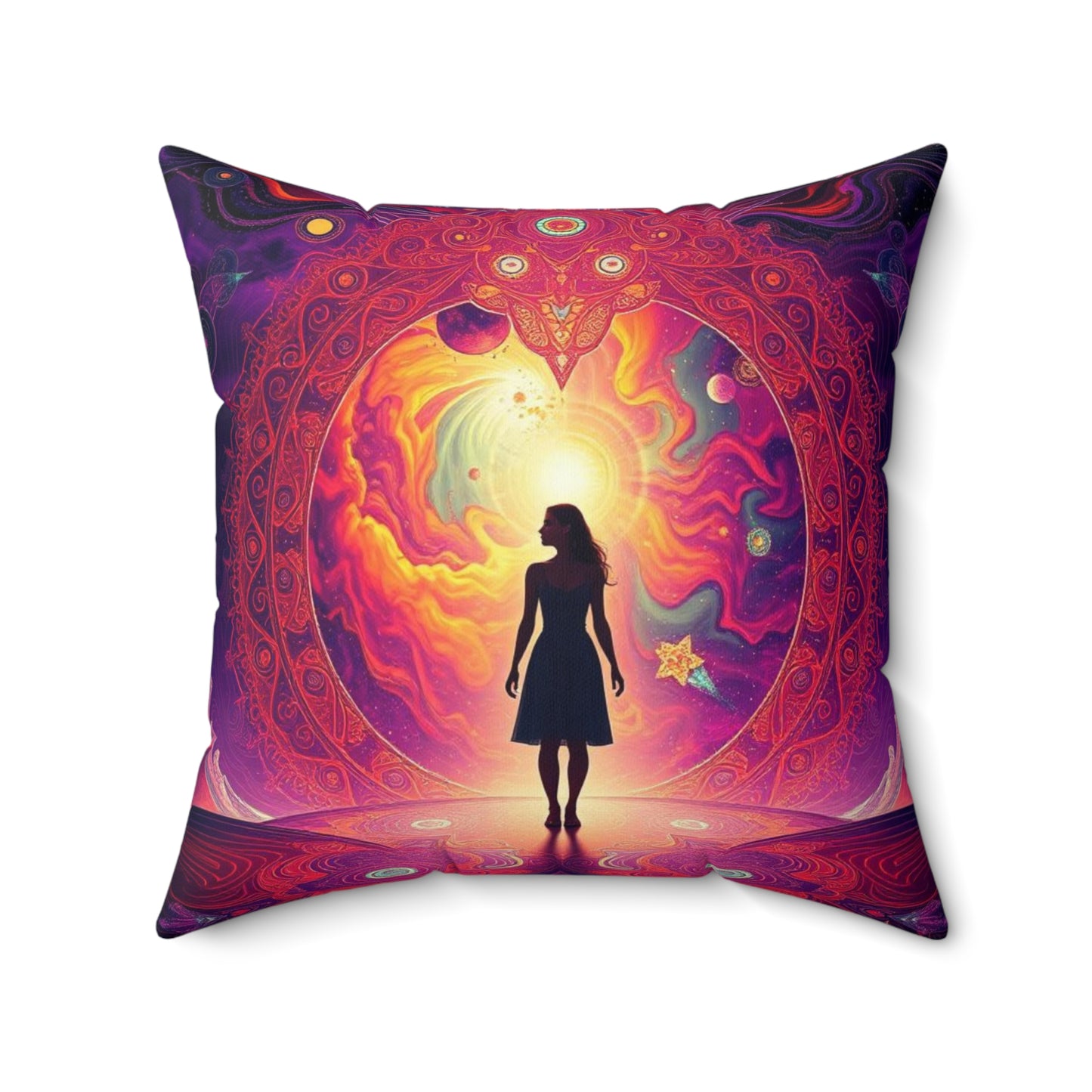 Mystical galaxy pillow, Woman on altar decor Celestial decorative pillow, Spiritual cosmic design, Sun rising galaxy pillow, Ethereal space decor, Spun Polyester Square Pillow.