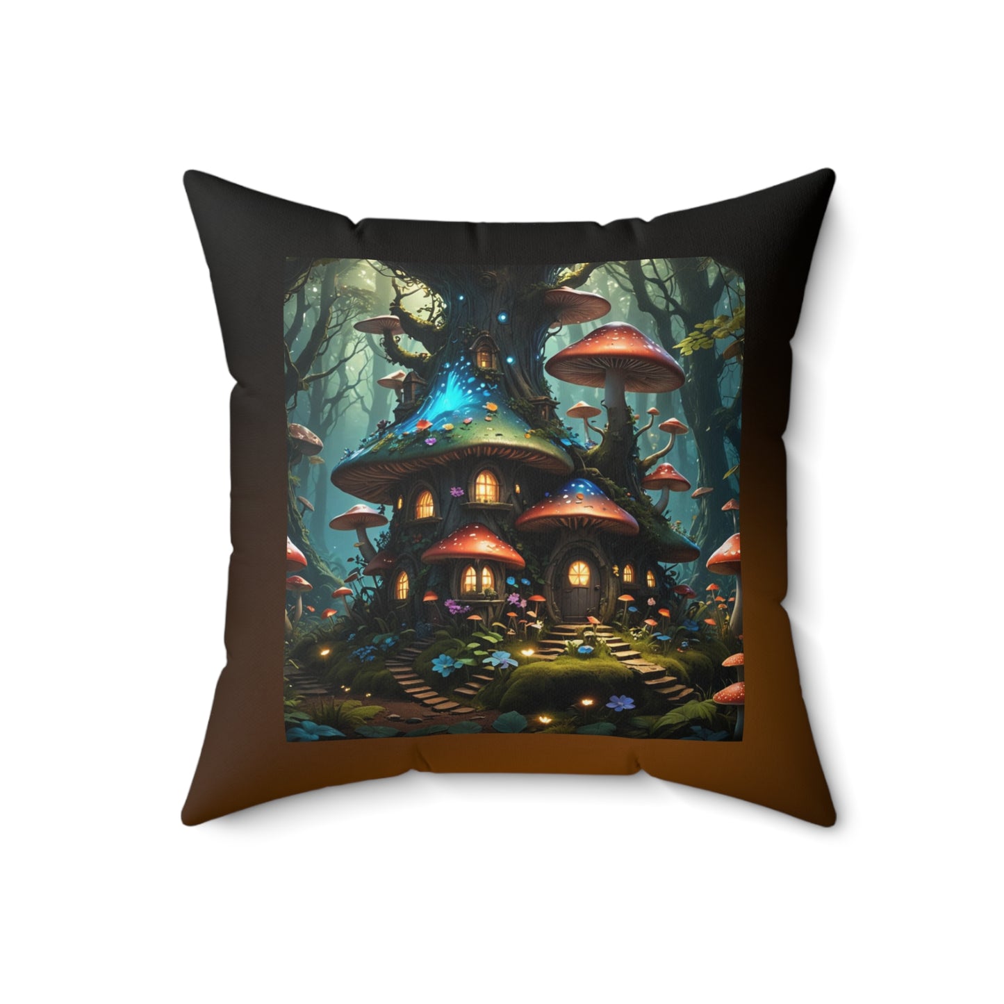 Mushroom Tree House Pillow, Fantasy-Themed Square Pillow, Nature-Inspired Pillow, Whimsical Home Decor, Spun Polyester Throw Pillow; Mushroom house Spun Polyester Square Pillow