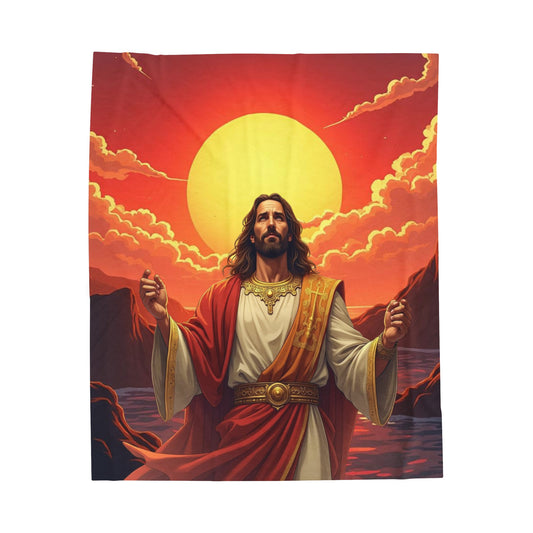 Jesus sunrise blanket, Spiritual decor blanket, Religious comfort throw, Inspirational Christian blanket, Sunrise with Jesus design Faith-based blanket, Peaceful morning scene, Velveteen Plush Blanket.