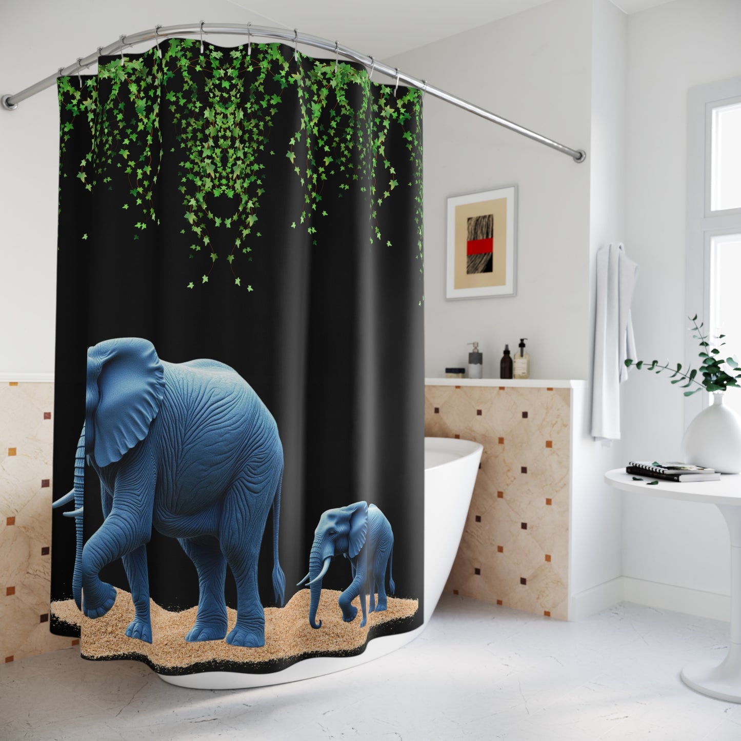 Elephant shower curtain, Mother and baby elephant Shower Curtain, Wildlife bathroom decor, Safari-inspired curtain, Nature-inspired shower curtain, Shower Curtains.