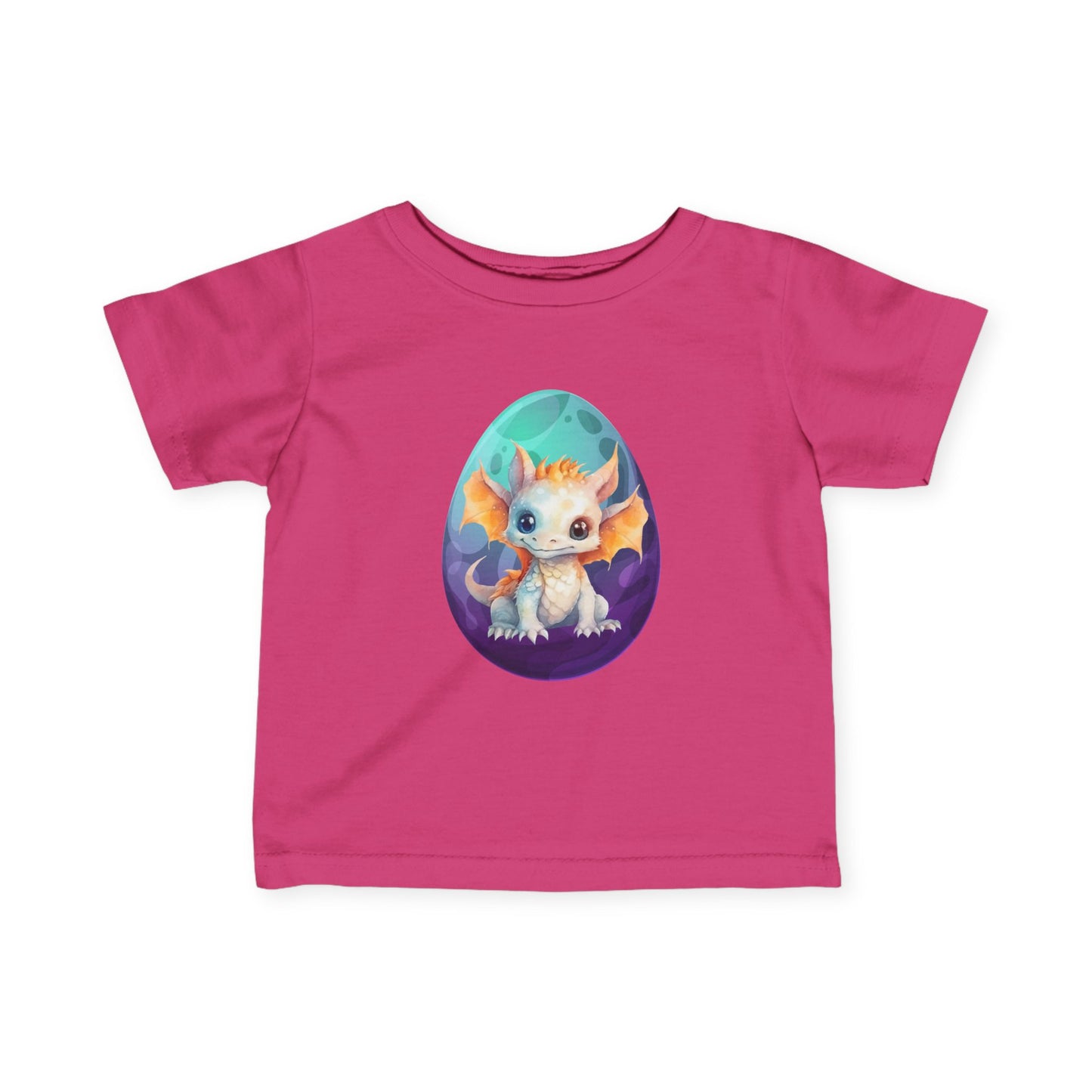 Dino Egg Infant Tee, Turquoise and Purple Baby T-Shirt, Cute Baby Dinosaur Graphic, Infant Fine Jersey Tee, Dino-Themed Baby Apparel, Vibrant and Playful Baby T-Shirt.