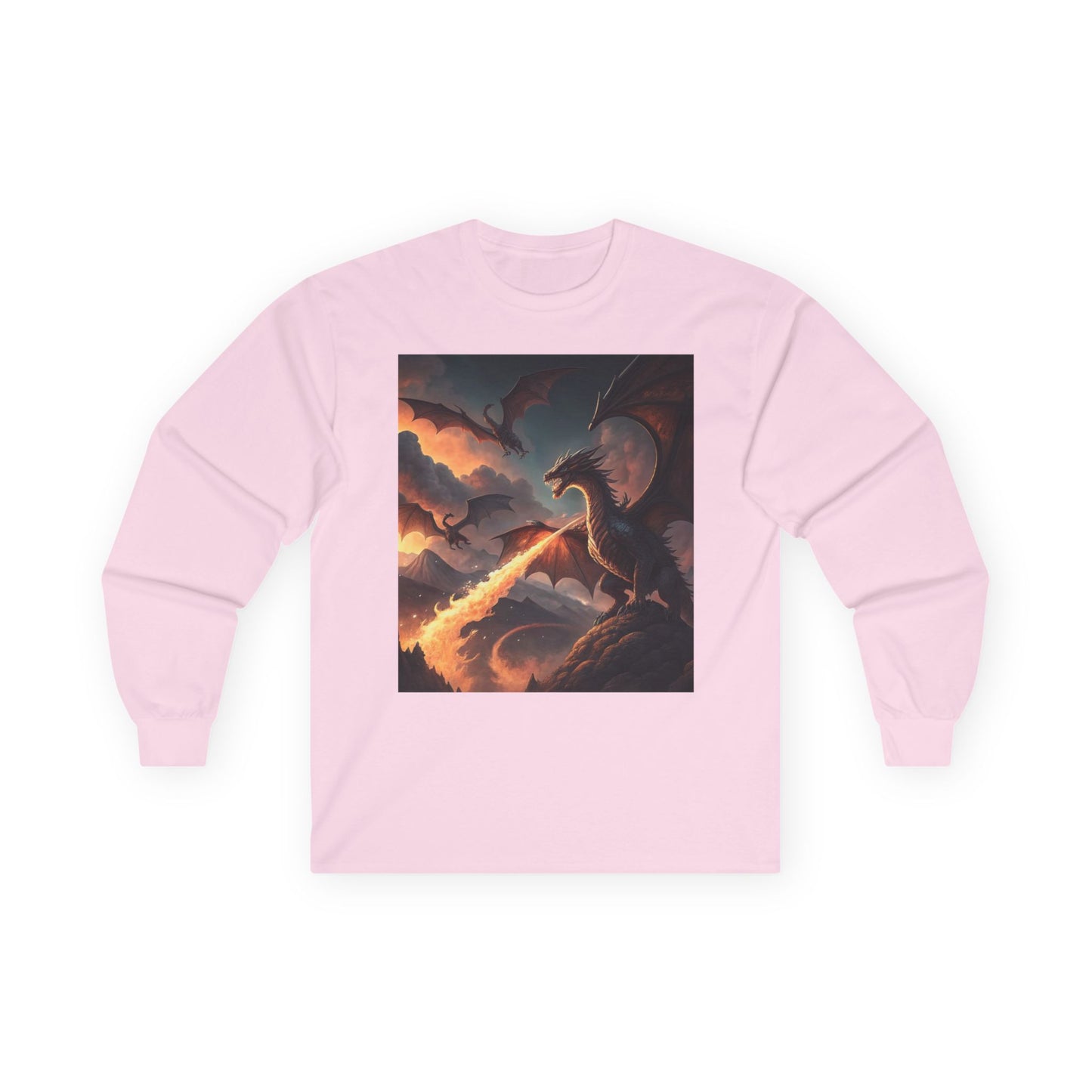 Smoky Background Dragon Apparel, Mythical Creature Long Sleeve Shirt, Dragon Design Long Sleeve, Comfortable and Stylish Fantasy Shirt, Adventure-Inspired Long Sleeve.