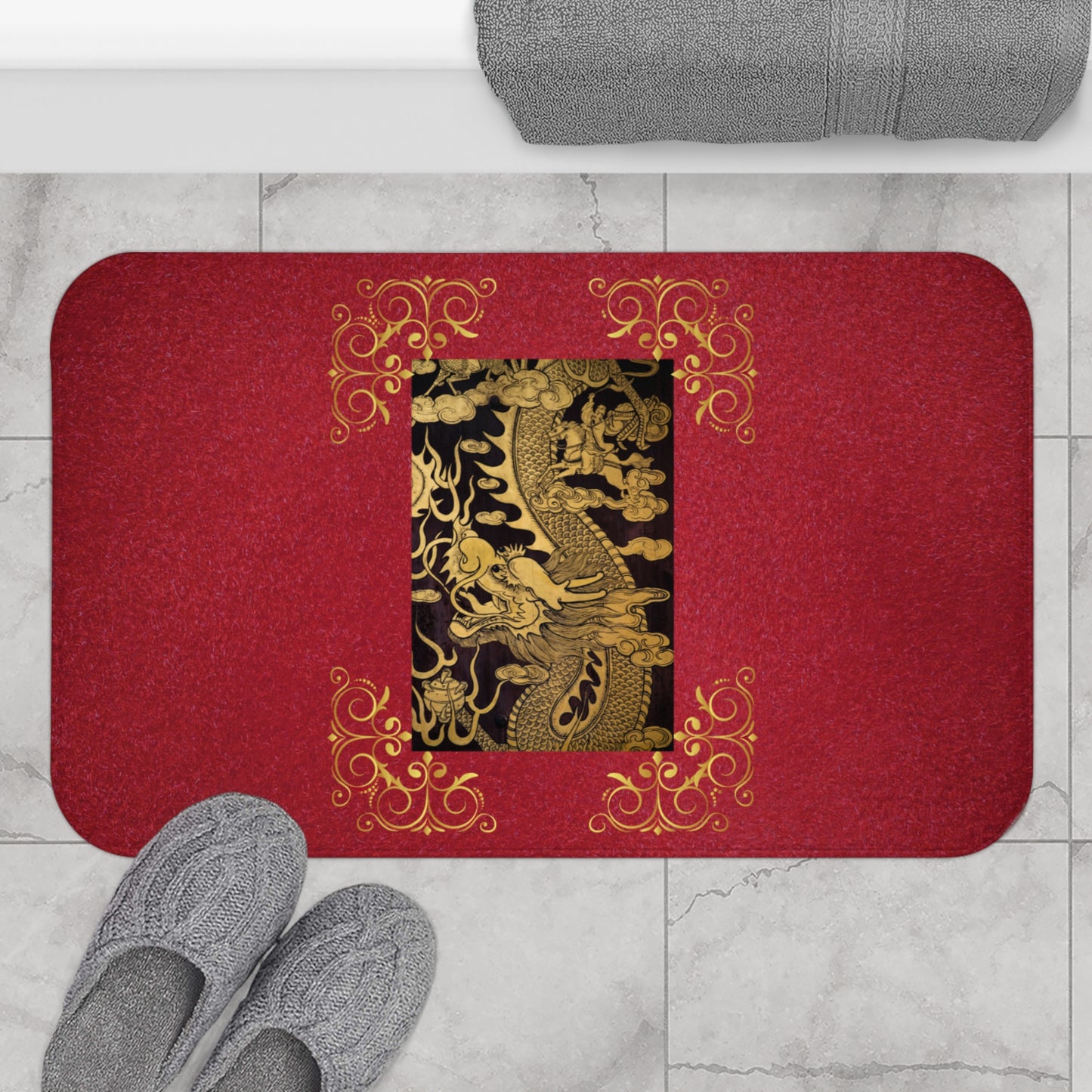 Chinese Dragon Bathmat, Red and Gold Bathroom, Mat Dragon-Themed Bathmat, Luxury Asian Bathroom Decor, Elegant Red and Gold Mat, Chinese Culture Bathroom Decor.