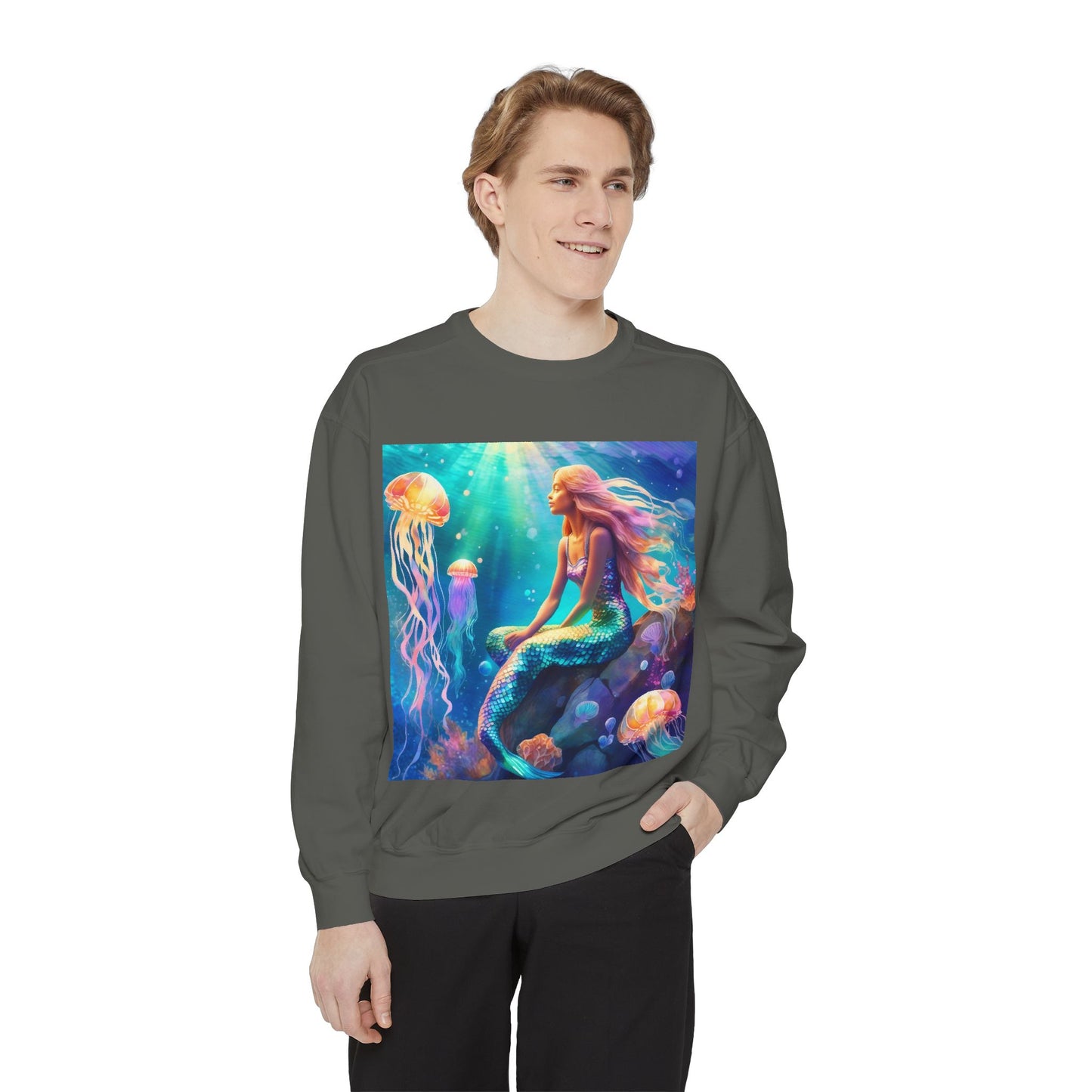 Mermaid Sweatshirt, Ocean Mermaid Sweatshirt, Mermaid Lovers Gift, Jelly fish and Mermaid sweatshirt, Colorful Mermaid Sweatshirt, Unisex Garment-Dyed Sweatshirt.