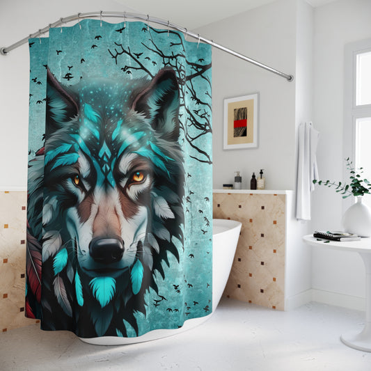 Wolf Shower Curtain, Old Oak Tree Design, Birds and Feathers Curtain, Nature-Inspired Bathroom Decor, Artistic Wildlife Shower Curtain, Bold Wildlife Statement Piece.