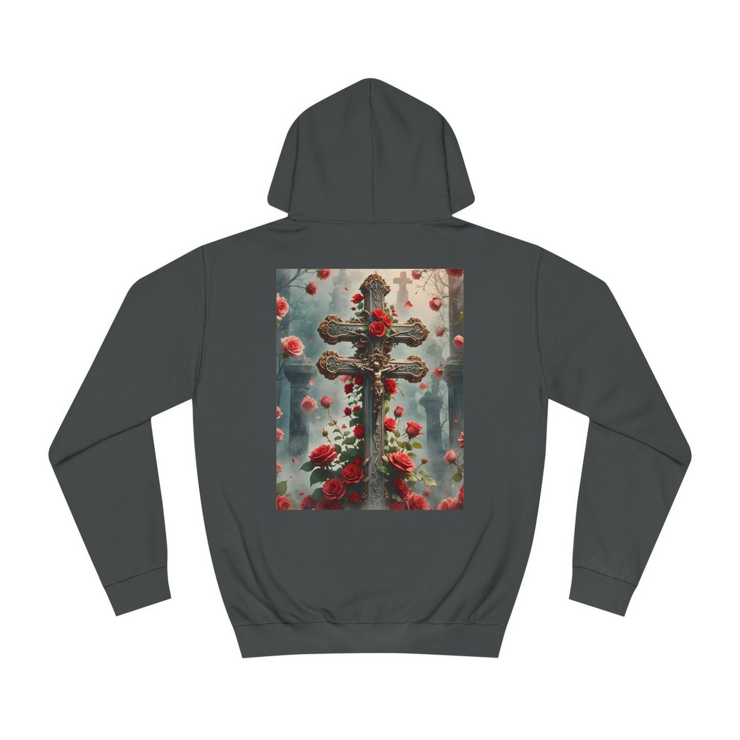 Jesus on the Cross Hooded Sweatshirt, Religious Graphic Hoodie, Faith-Inspired Apparel, Christian Symbolism Hoodie, Red Roses and Cross Design Hoodie.