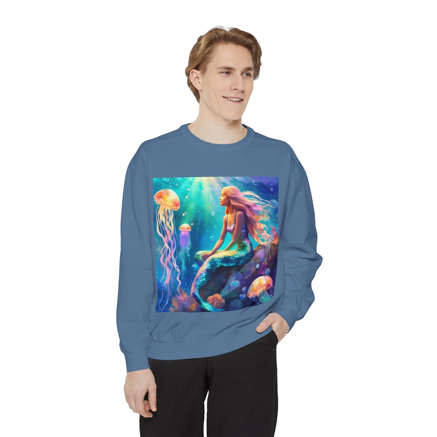 Mermaid Sweatshirt, Ocean Mermaid Sweatshirt, Mermaid Lovers Gift, Jelly fish and Mermaid sweatshirt, Colorful Mermaid Sweatshirt, Unisex Garment-Dyed Sweatshirt.