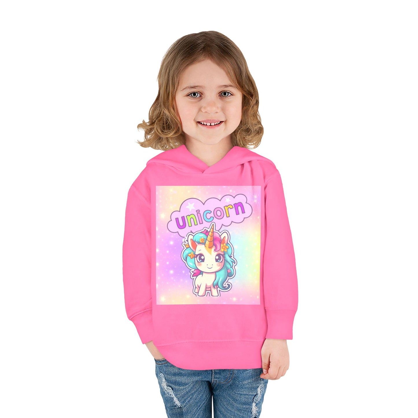 Toddler Unicorn Hoodie, Baby Unicorn Fleece Pullover, Rainbow Background Kids Hoodie, Cozy Toddler Unicorn Sweatshirt, Cute Unicorn Graphic Hoodie.