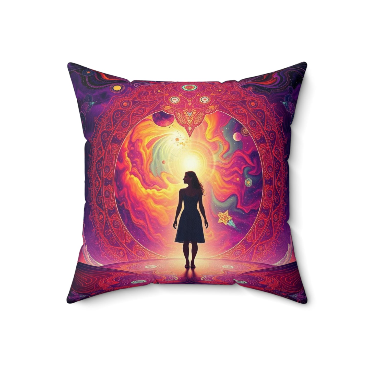 Mystical galaxy pillow, Woman on altar decor Celestial decorative pillow, Spiritual cosmic design, Sun rising galaxy pillow, Ethereal space decor, Spun Polyester Square Pillow.