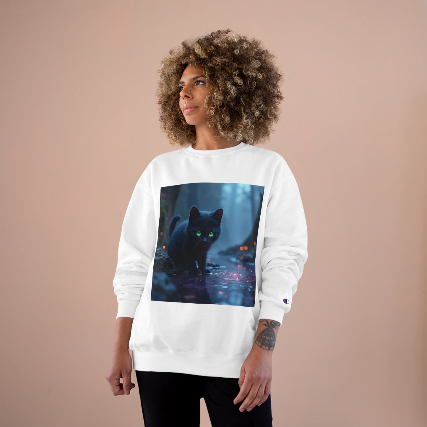 #BlackCatSweatshirt, #CatApparel, #BlackCatMagic, #CatFashion, #MysticalKitty, #FelineFashion, #BlackCatDesign, #WitchyVibes, #CatLoverStyle, #EnchantedCat, Champion Sweatshirt