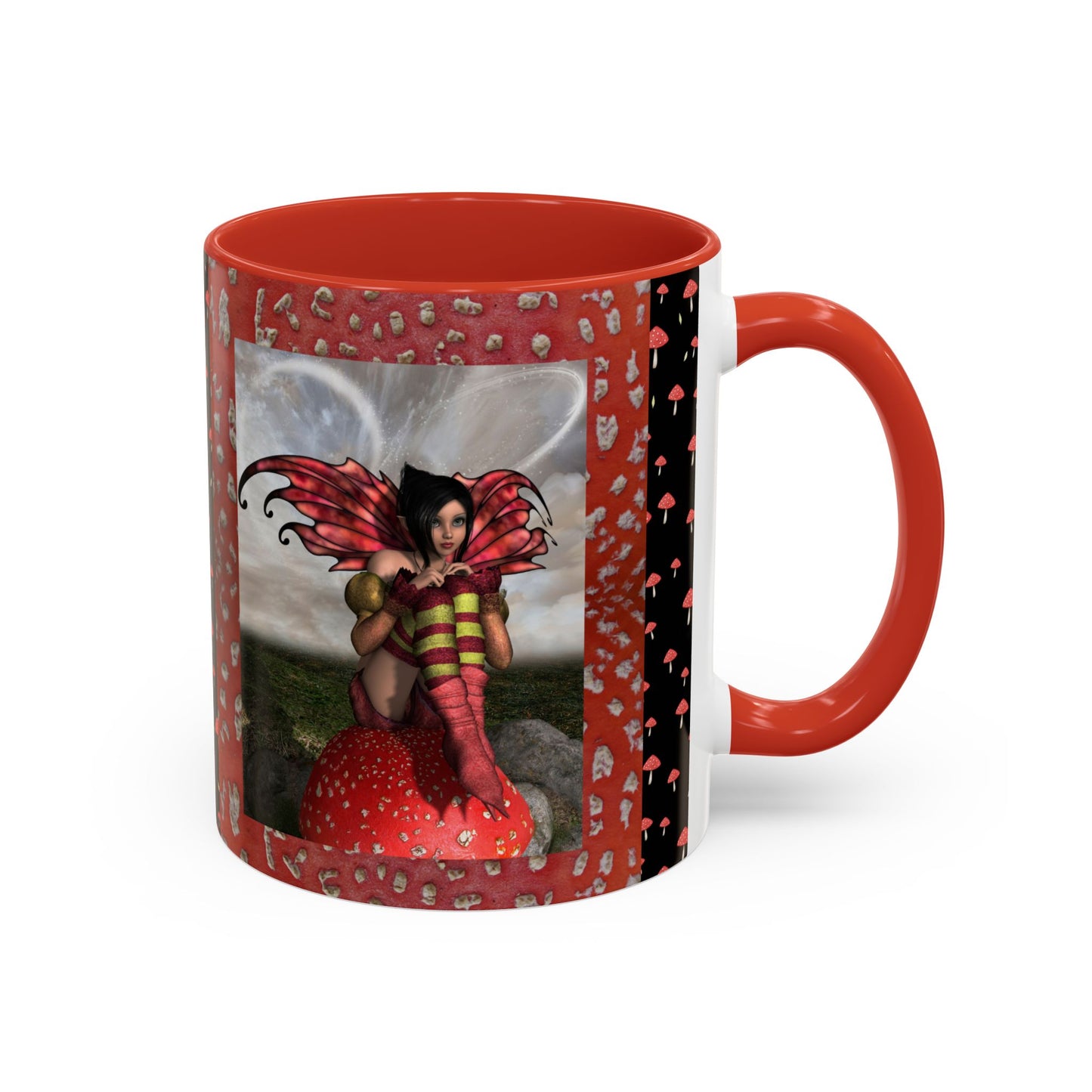 Fairy Coffee Mug, Red Mushroom Fairy Cup, Whimsical Ceramic Mug, Black and Red Mushroom Mug, Nature-Inspired Drinkware, Magical Fairy Tale Coffee Cup, (11, 15oz)