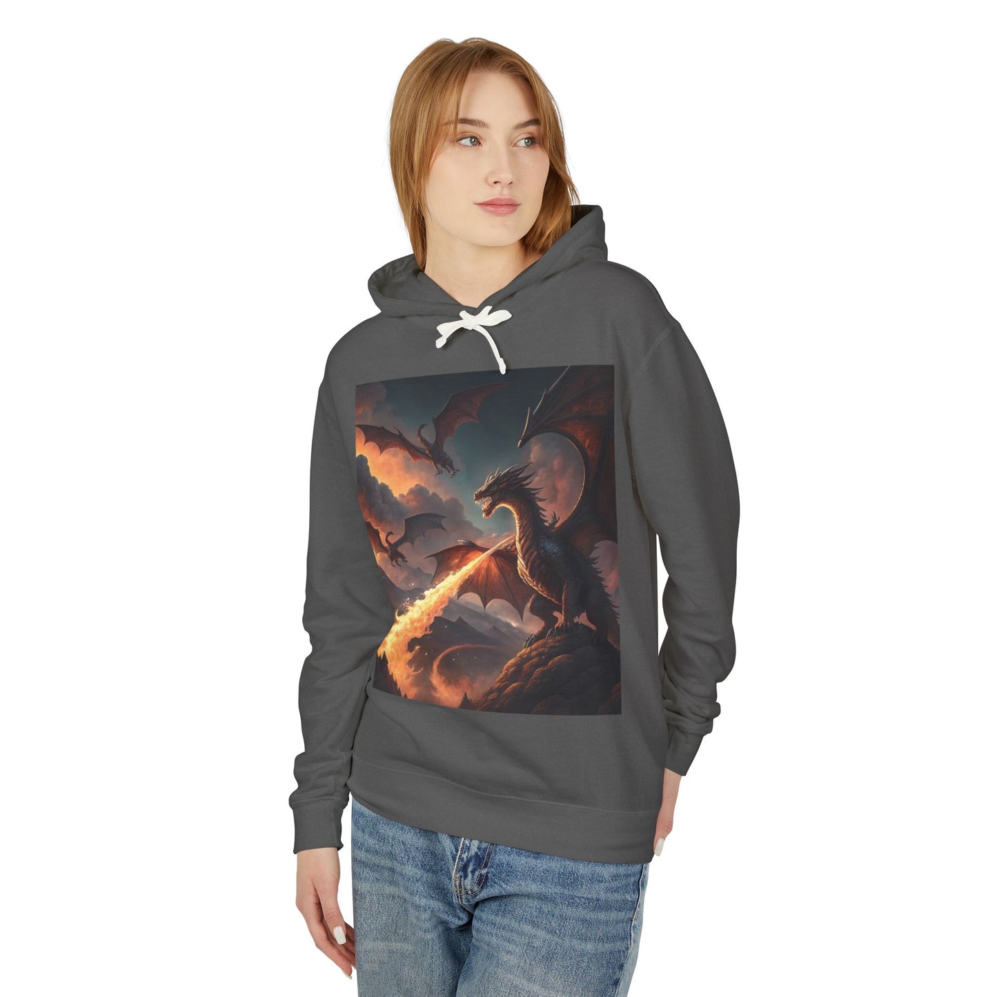 Dragon Graphic Hoodie, Fire-Breathing Dragon Pullover, Pocket-Free Dragon Hoodie, Fantasy-Inspired Hoodie, Mythical Creature Hooded Sweatshirt, Sleek Dragon Apparel.