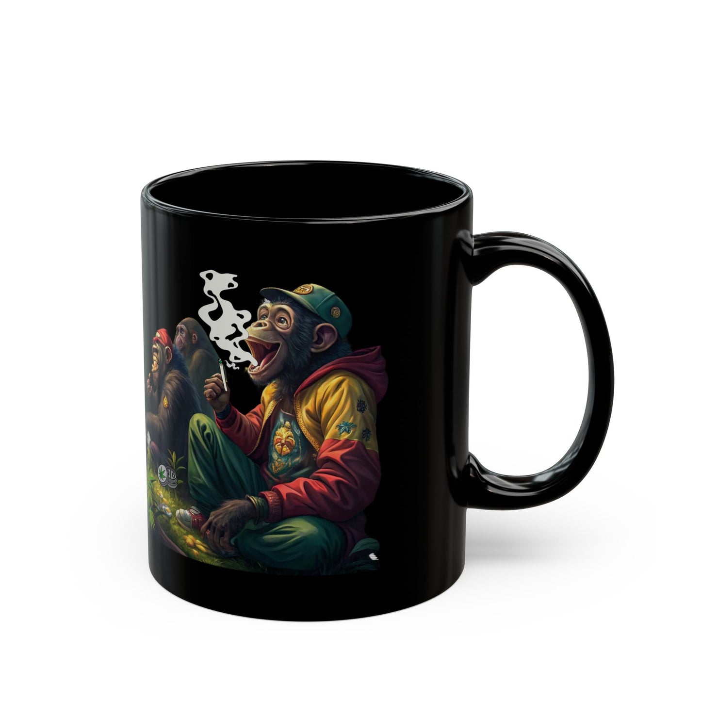 Funny Monkeys Coffee Cup, Cannabis-Inspired Mug Black Ceramic, Mug with Weed Design, Whimsical Monkey Grass Scene Cup, Stoner Humor Coffee Mug.