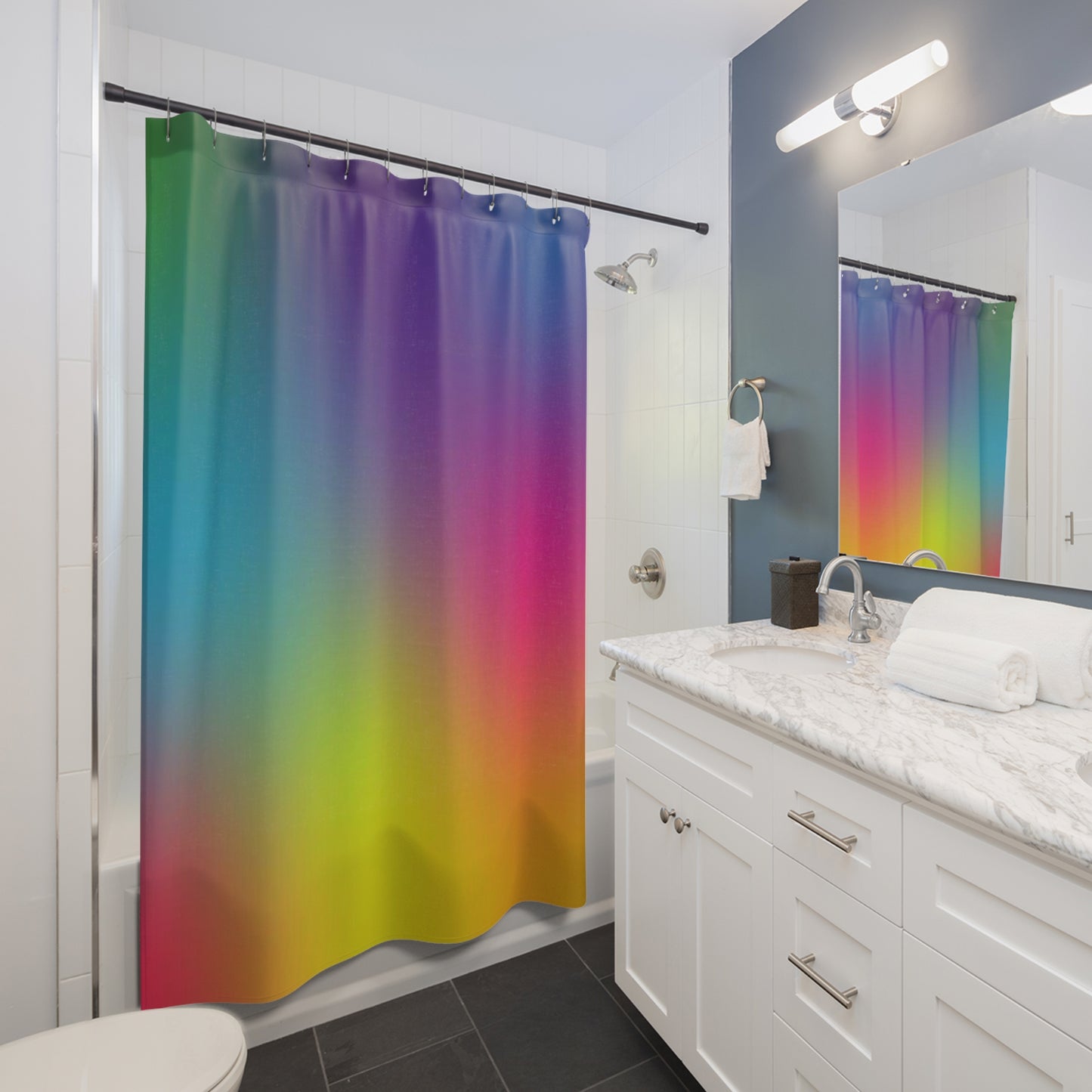 Dark Rainbow Shower Curtain, Colorful Yet Sophisticated Curtain, Great Housewarming Gift, Rainbow bath Decor, Rainbow-Inspired Shower Curtain.