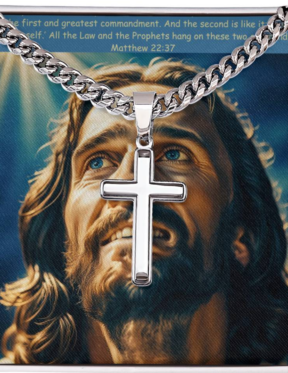 #CrossNecklace #StainlessSteelJewelry #JesusPendant #ChristianJewelry #FaithNecklace #PrayerPendant #ReligiousNecklace #PolishedSteelCross #CubanLinkChain #JesusOnCross #SpiritualAccessory #ChristianFaith