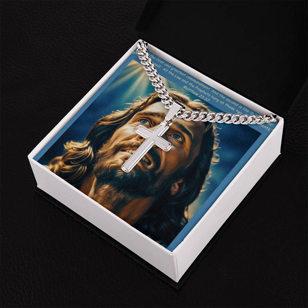 #CrossNecklace #StainlessSteelJewelry #JesusPendant #ChristianJewelry #FaithNecklace #PrayerPendant #ReligiousNecklace #PolishedSteelCross #CubanLinkChain #JesusOnCross #SpiritualAccessory #ChristianFaith