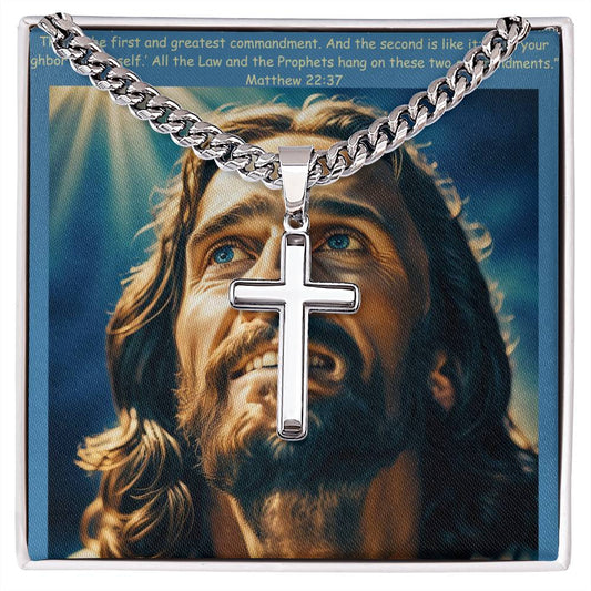 #CrossNecklace #StainlessSteelJewelry #JesusPendant #ChristianJewelry #FaithNecklace #PrayerPendant #ReligiousNecklace #PolishedSteelCross #CubanLinkChain #JesusOnCross #SpiritualAccessory #ChristianFaith