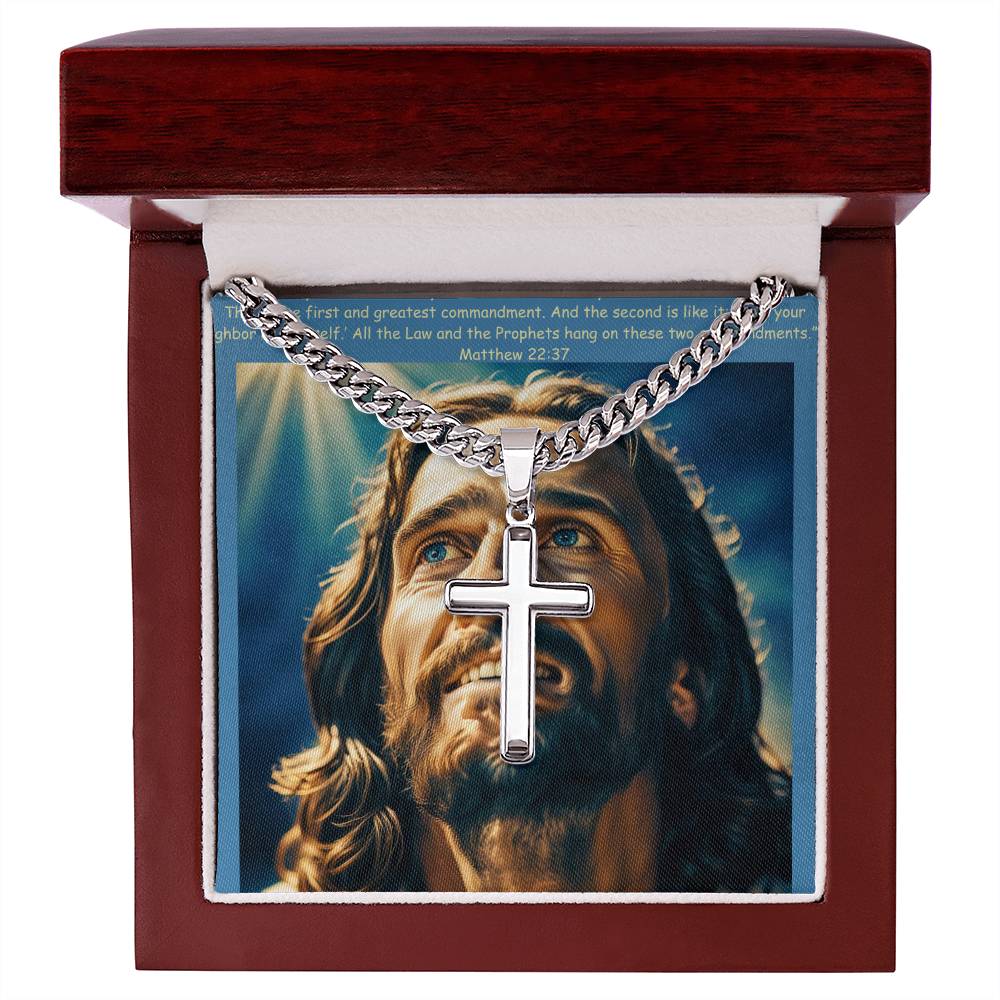 #CrossNecklace #StainlessSteelJewelry #JesusPendant #ChristianJewelry #FaithNecklace #PrayerPendant #ReligiousNecklace #PolishedSteelCross #CubanLinkChain #JesusOnCross #SpiritualAccessory #ChristianFaith