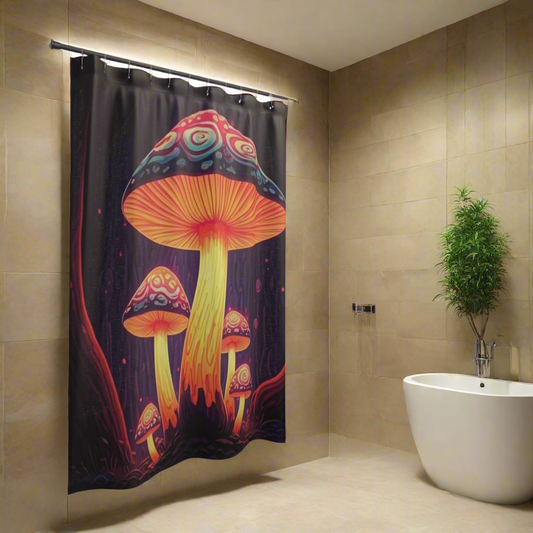 trippy mushroom shower curtain, psychedelic shower curtain, mushroom decor, whimsical bathroom decor, colorful mushrooms, unique shower curtain, Shower Curtains, boho bathroom style.