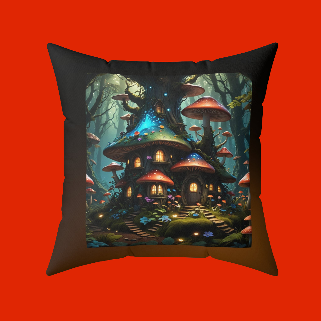 Mushroom Tree House Pillow, Fantasy-Themed Square Pillow, Nature-Inspired Pillow, Whimsical Home Decor, Spun Polyester Throw Pillow; Mushroom house Spun Polyester Square Pillow