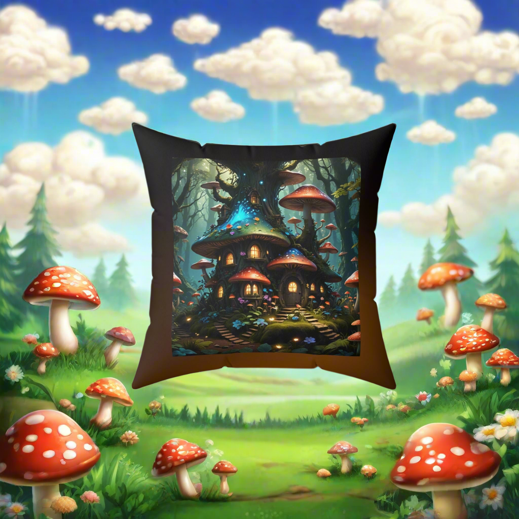 Mushroom Tree House Pillow, Fantasy-Themed Square Pillow, Nature-Inspired Pillow, Whimsical Home Decor, Spun Polyester Throw Pillow; Mushroom house Spun Polyester Square Pillow