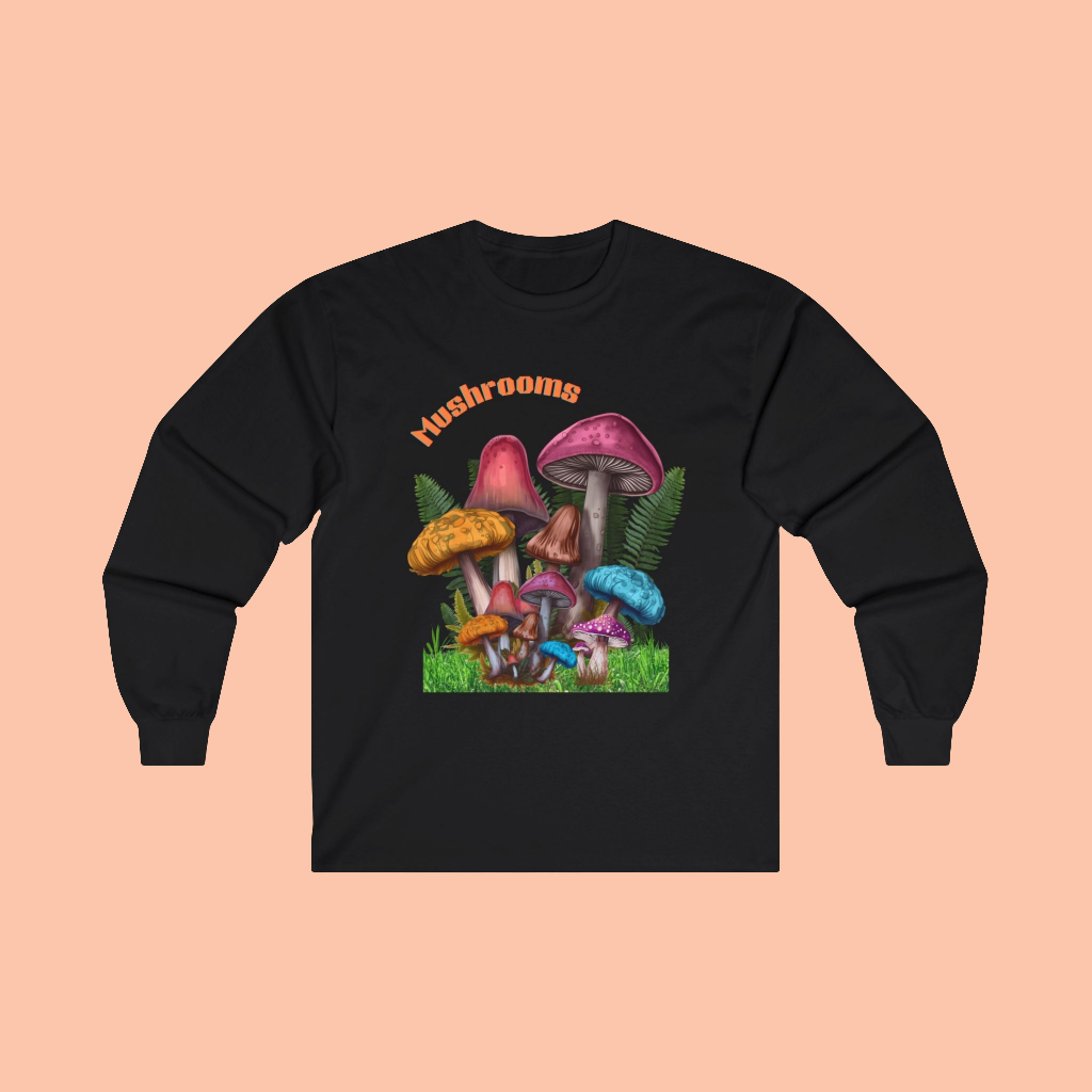 70s Trippy Mushroom Long-Sleeve, Psychedelic Mushroom Shirt, Retro Mushroom Graphic Tee, Colorful Hippie Long-Sleeve T-shirt, Gift for mushroom lovers.