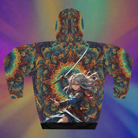 Anime Warrior Girl Hoodie, Colorful Samurai Hoodie, All-Over Rainbow Hoodie, Katana Girl Graphic Hoodie, Streetwear Rainbow Hoodie, Gift for Anime Lovers.