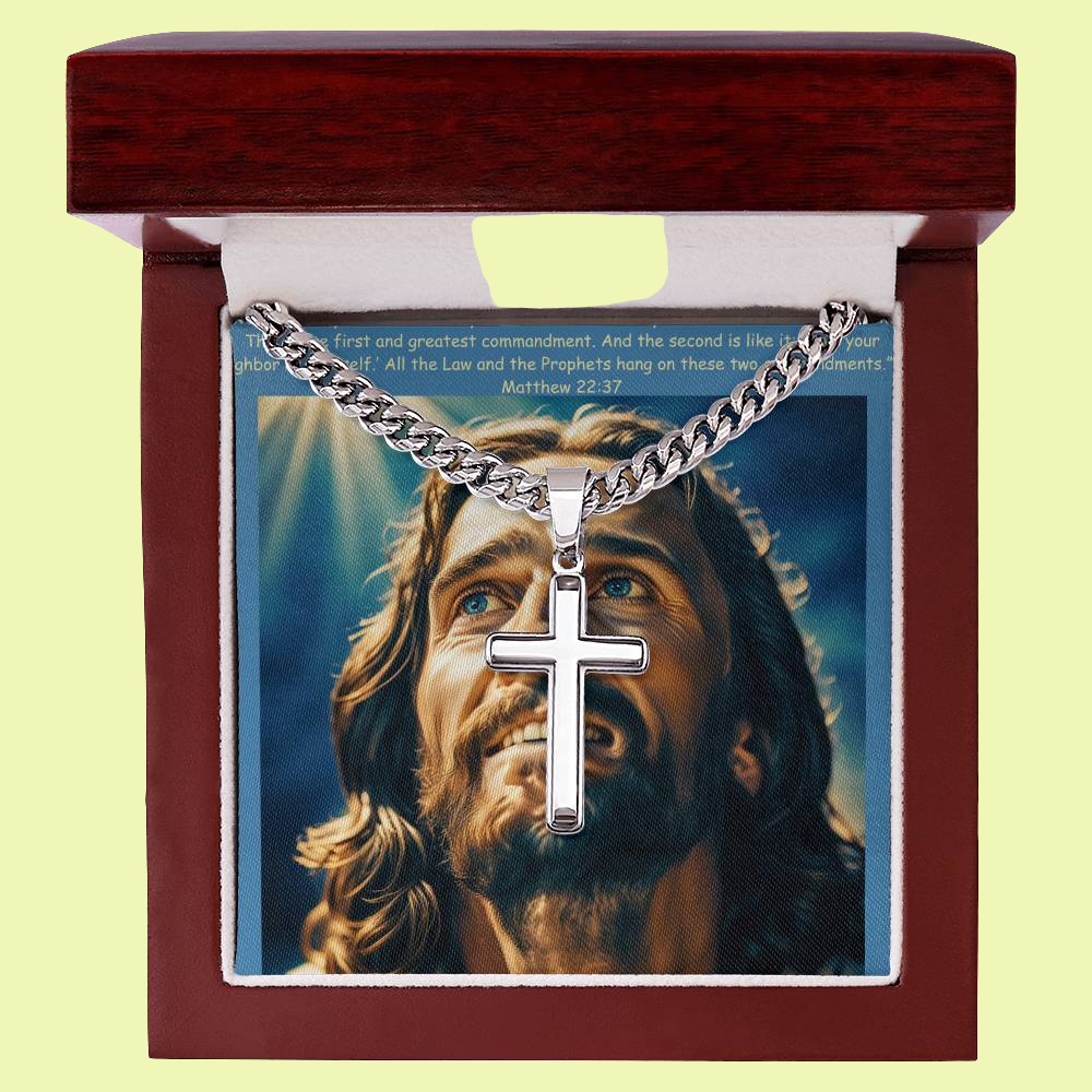 #CrossNecklace #StainlessSteelJewelry #JesusPendant #ChristianJewelry #FaithNecklace #PrayerPendant #ReligiousNecklace #PolishedSteelCross #CubanLinkChain #JesusOnCross #SpiritualAccessory #ChristianFaith